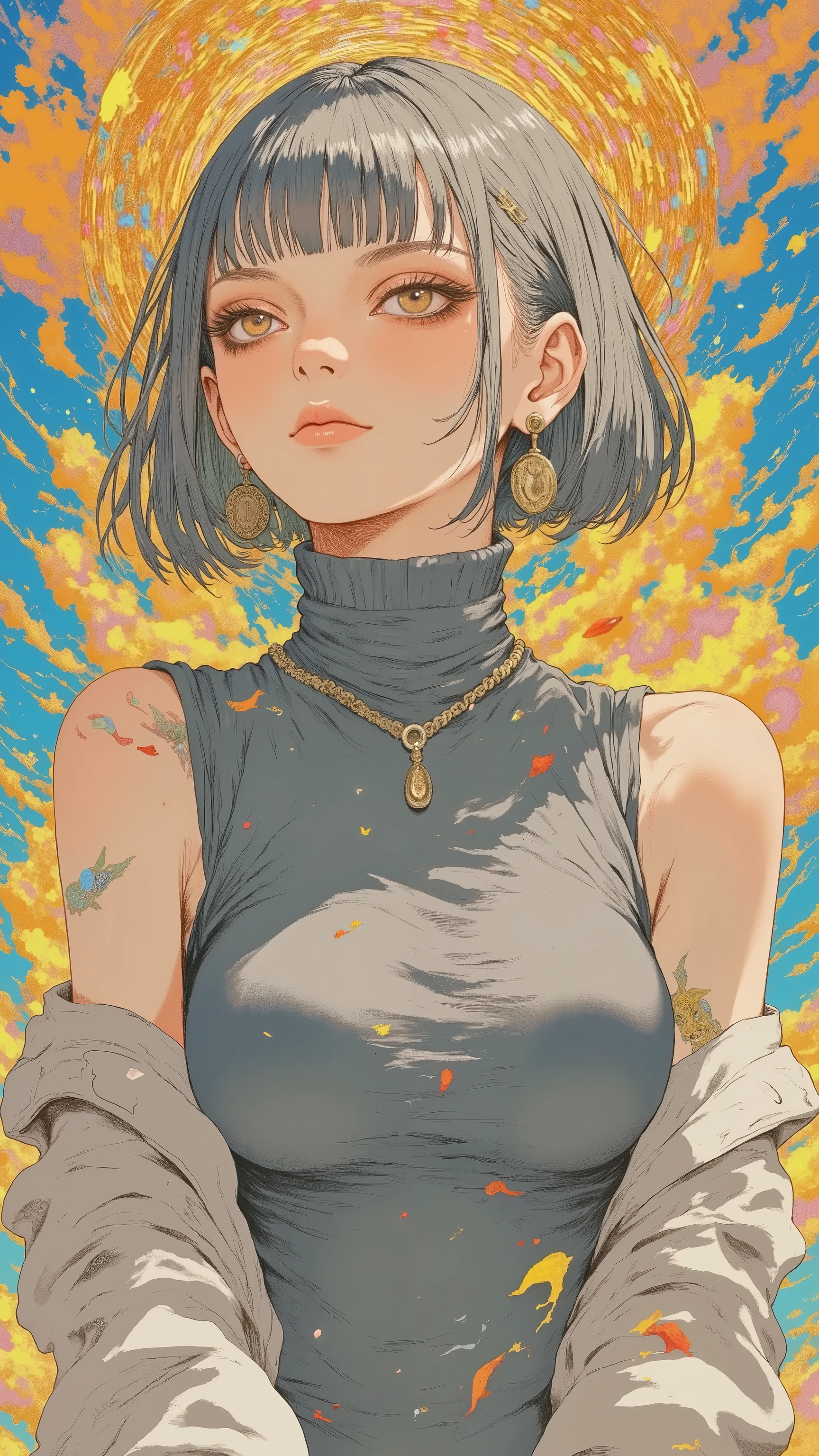 masterpiece, highest quality, Korean middle-aged woman, ((Short hair with waves, a turtleneck-style gray sleeveless dress that is close to the body, bright sunshine)), Surrealismasterpiece, highest quality, Korean middle-aged woman, ((Short hair with waves, a turtleneck-style gray sleeveless dress that is close to the body, bright sunshine)), Surrealism