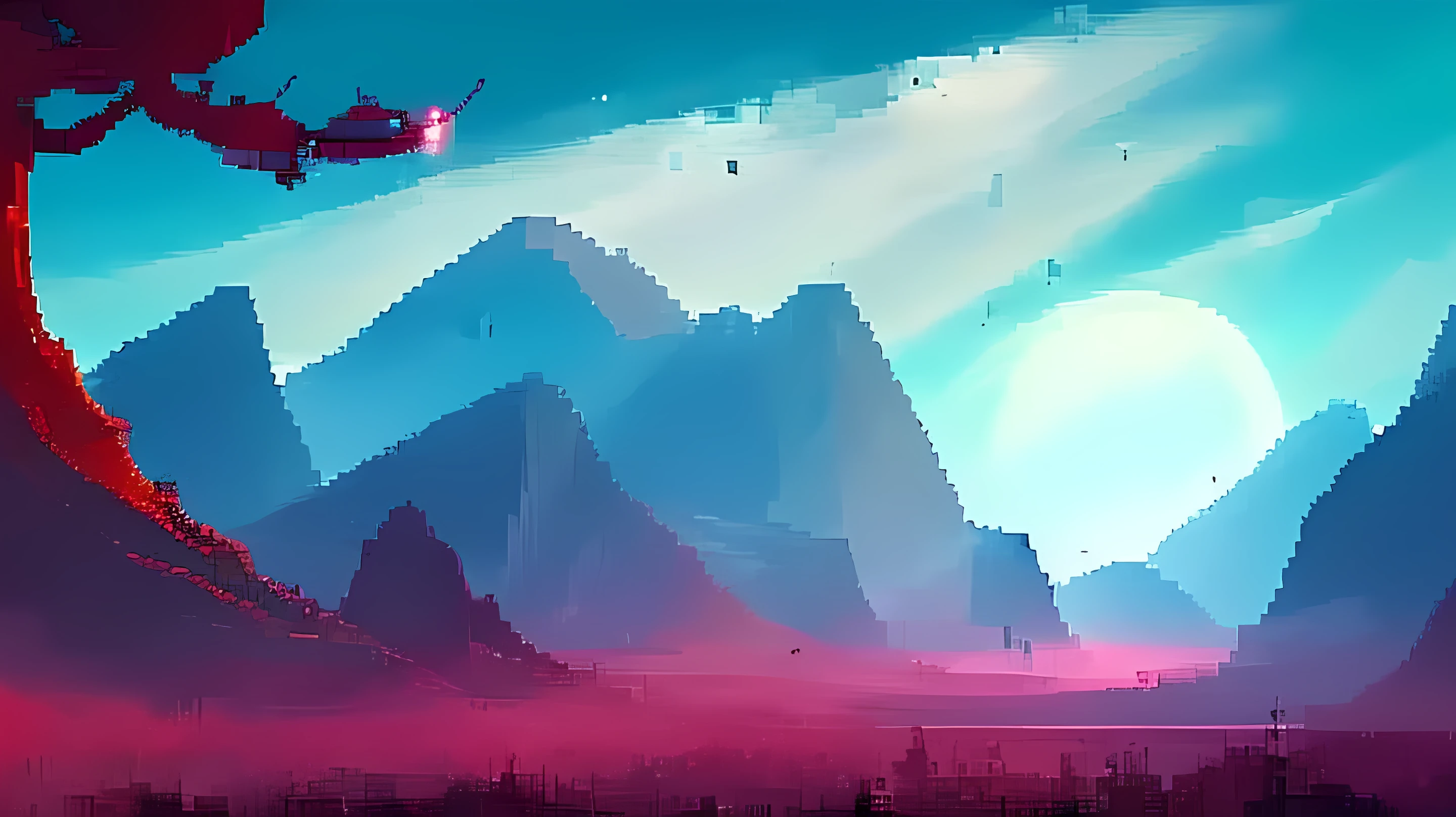 Create a landscape of an ancient planet in an ultra technological world with an ultra realistic Cyberpunk Gamedesign Pixel 1 light.2 mountains - orchestral image - improve quality