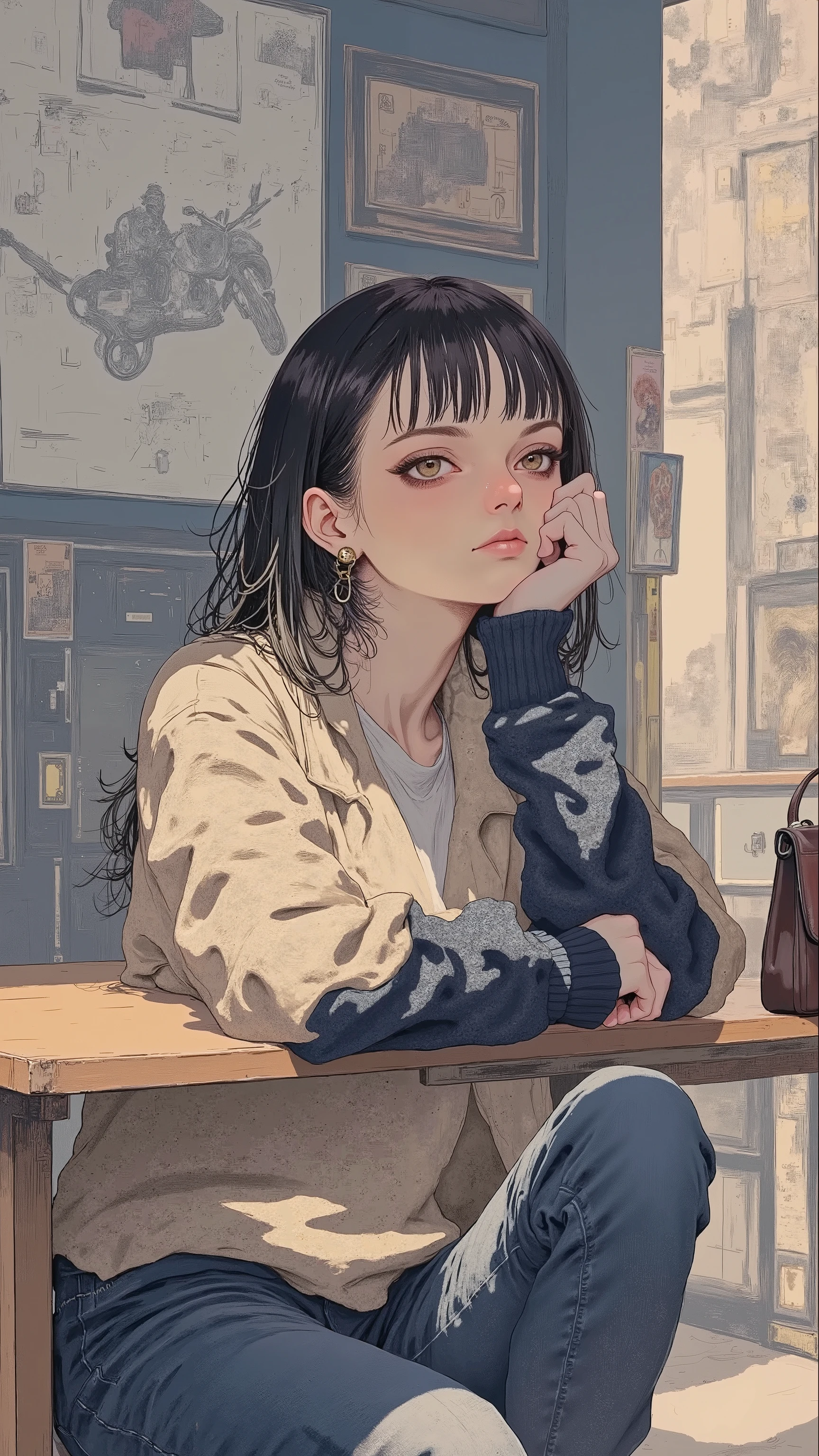 8k, Masterpiece, Top Quality, Hyperrealism, Post-Impressionism, Close-up, young woman, dark hair, tousled, tweed jacket, beige, navy, cropped, white top, cropped, blue jeans, minimal makeup, serious expression, pensive, wooden table, dark brown handbag, modern interior, doorway, furniture, soft lighting, natural lighting, sharp focus, blurry background.