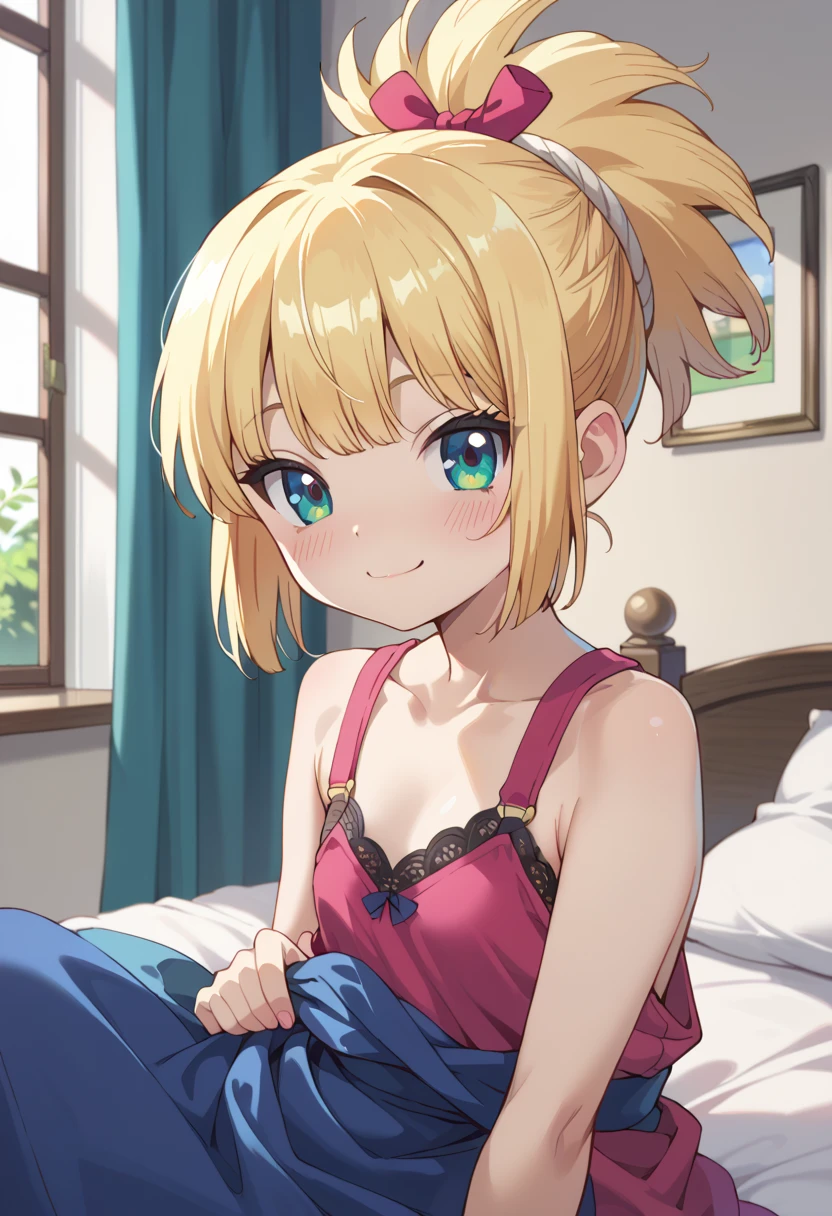 masutepiece, superfine illustration, Best Quality, light Particle, Ultra-detailed, 8K Wallpaper, (Bright colors:1.2), Solo, ((tiny girl)), Big breasts, (Blonde hair), disheveled hair, Short hair, Twintail, two side up hair, Scrunchie, Curly hair, Shiny hair, Shiny skin, (She wears a light pink and white horizontal striped dress., Short sleeve), (frilled miniskirt), (White legwear), ((horizontal striped panties)), (Beautiful green eyes, shiny eyes, Big eyes), Affectionate smile, Seductive smile, Closed mouth, Blush cheeks, (Naughty room), (Pink bed), (pink pillows), (pink curtain), Looking back, get down on all fours, NSFW, Sunlight, Shadow,