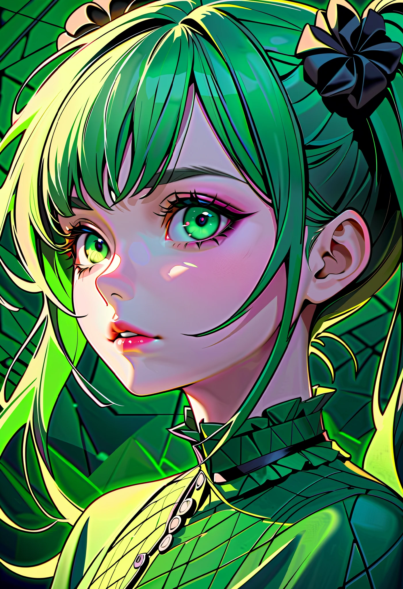 High Definition, masterpiece, Accurate, top quality, High Definition model, high detail, (Tim Burton style, Accurate, Dark, The textures are soft, matte and toy-like), (digital art:0.2), (geometric art:1.7), (top-quality), (masterpiece)(1 girl), Delicately drawn face,girl with a pretty face, beautiful detailed green eyes,green ta fashion, (Beautiful silky green hair:1.2), twin tails, Long Hair, Film Lighting,abstract, a beautiful artistic illustration, green geometric background,