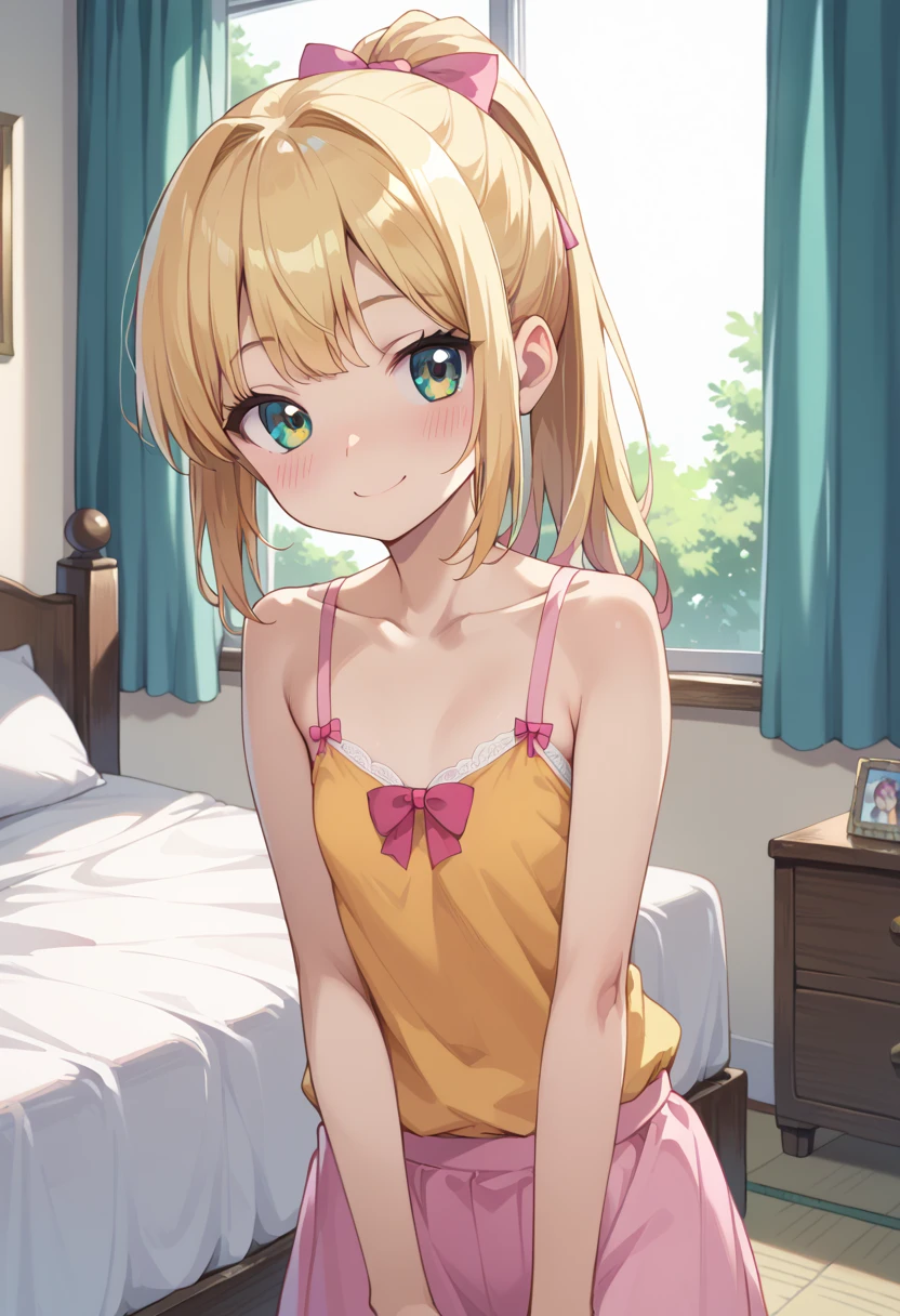 (( best quality)), ((masterpiece)), (be familiar with),  is finished,  indoor, bedroom,  watching viewers,
One woman, Amber,
開いた口,  ecstatic expression, blush, smile,
 small tits,  flat chest, Young girl,  lori,  s,  girl,
 long hair,  ponytail,
 open,