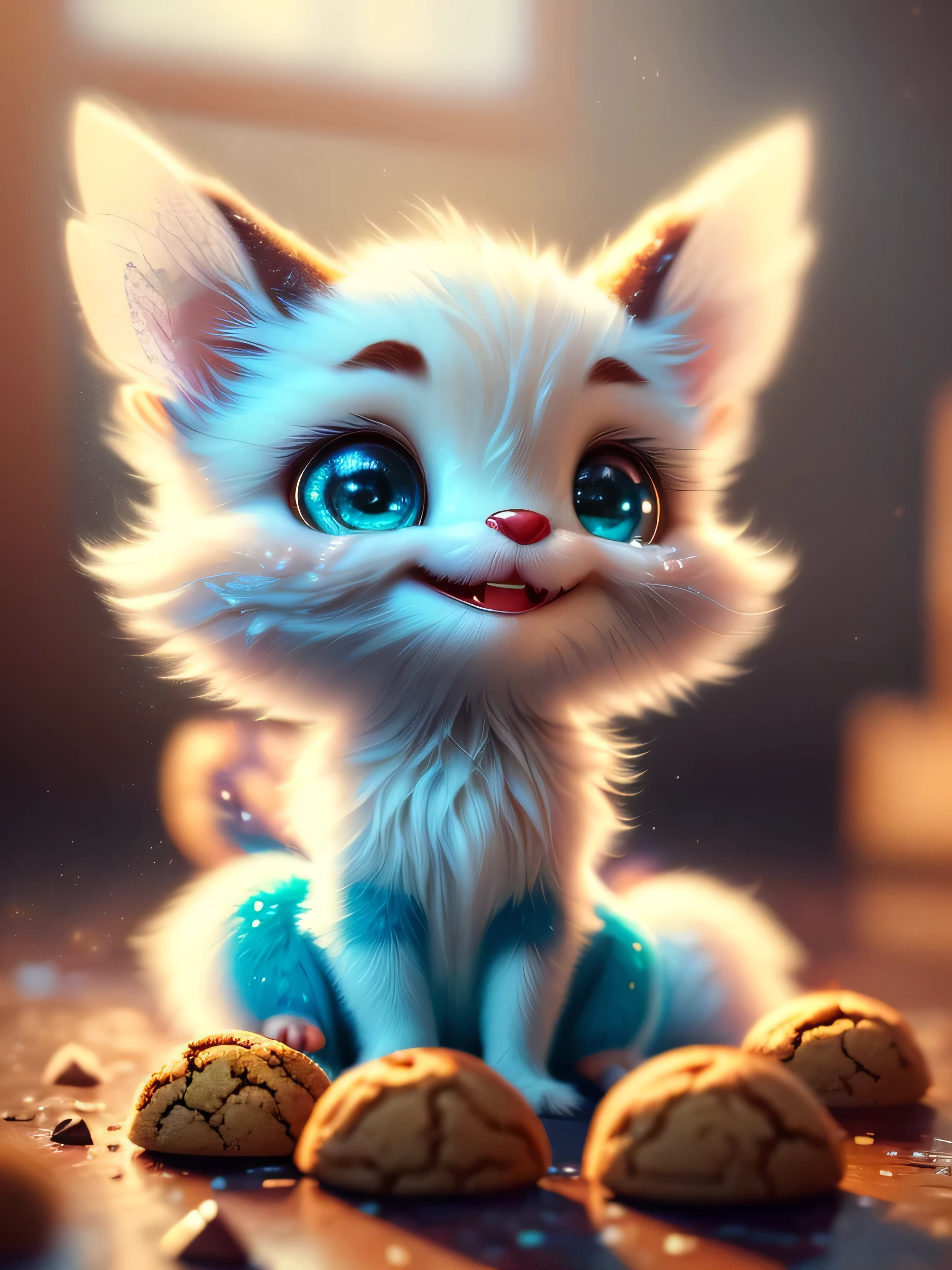 (Best Quality, Super Detail, Masterpiece, Representative Work, Official Art, Professional, Super Detail, 8k:1.3) (Photorealistic:1.2) hyperrealism airbrushed oil paints illustration. a cute little mythical graceful transparent anthropomorphic furry creature, thin arms, fragile thread legs, sitting on top of a massive [chocolate chip] cookie, smiling and waving one hand directly at the viewer. Natural Lighting, Soft Background, Photorealistic, Shining Eyes, Sharp Focus, Cute and Mischievous Look, Hint of Mischief, Dreamy Atmosphere, Delicate Details, Soft Volumetric Light, (Backlight:1.3), (Cinematic:1.2), Intricate Details, (ArtStation:1.3)