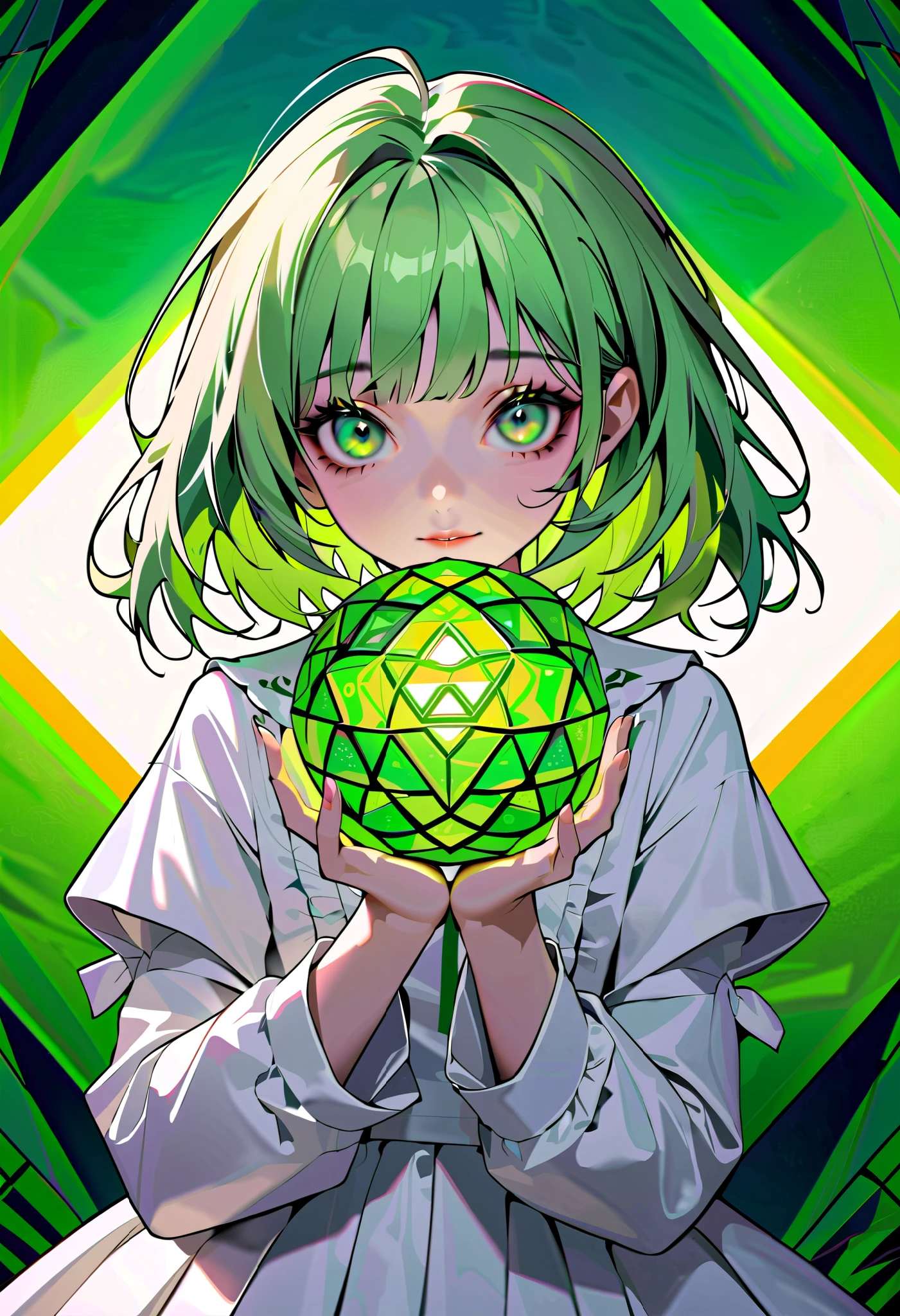 High Definition, masterpiece, Accurate, top quality, High Definition model, high detail, (Tim Burton style, Accurate, Dark, The textures are soft, matte and toy-like), (digital art:0.2),(geometric art:1.7), (top-quality), (masterpiece)(1 girl), (girl holding the clear yellow-green gemstone), Delicately drawn face,girl with a pretty face, beautiful detailed green eyes,green ta fashion, white skirt, (Beautiful silky green hair:1.2), Film Lighting,abstract, a beautiful artistic illustration, green geometric background,(green mosaic), 