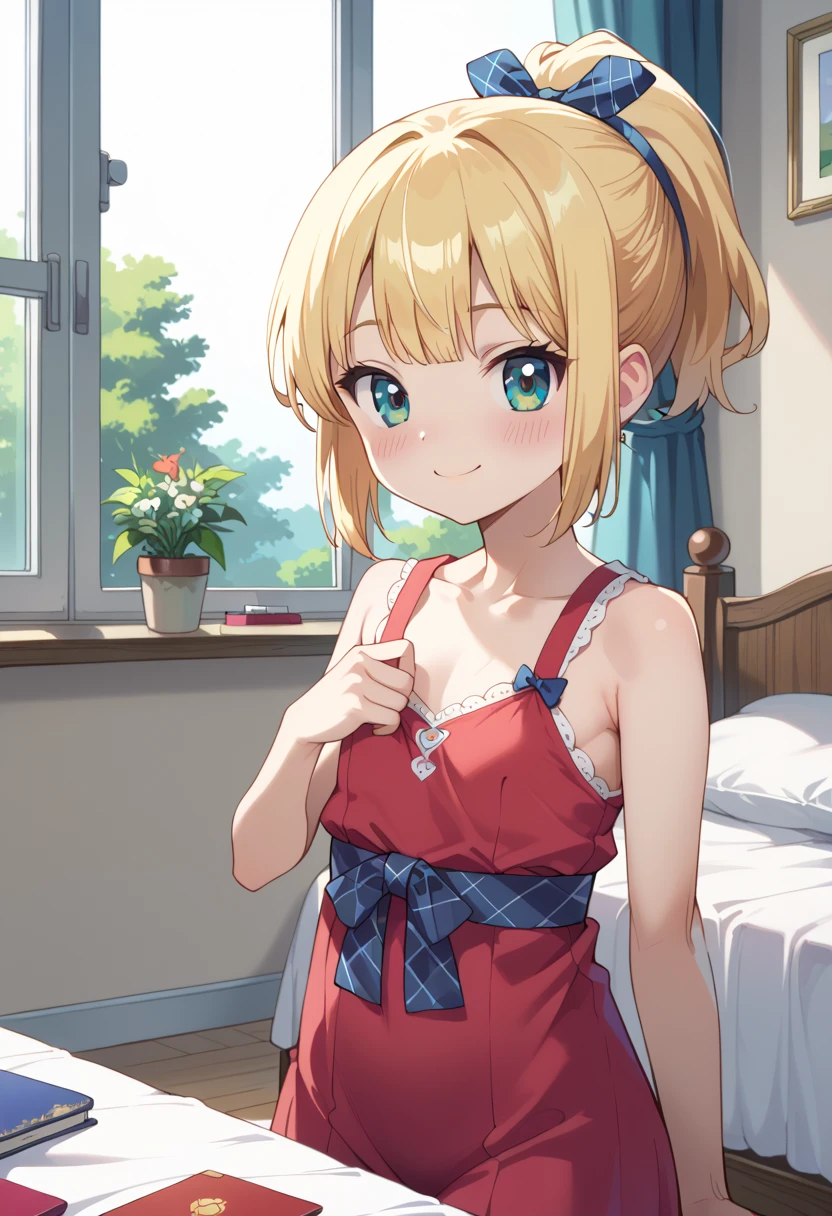 (( best quality)), ((masterpiece)), (be familiar with),  is finished,  indoor, bedroom,  watching viewers,
One woman, Amber,
開いた口,  ecstatic expression, blush, smile,
 small tits,  flat chest, Young girl,  lori,  s,  girl,
 long hair,  ponytail,
 open,