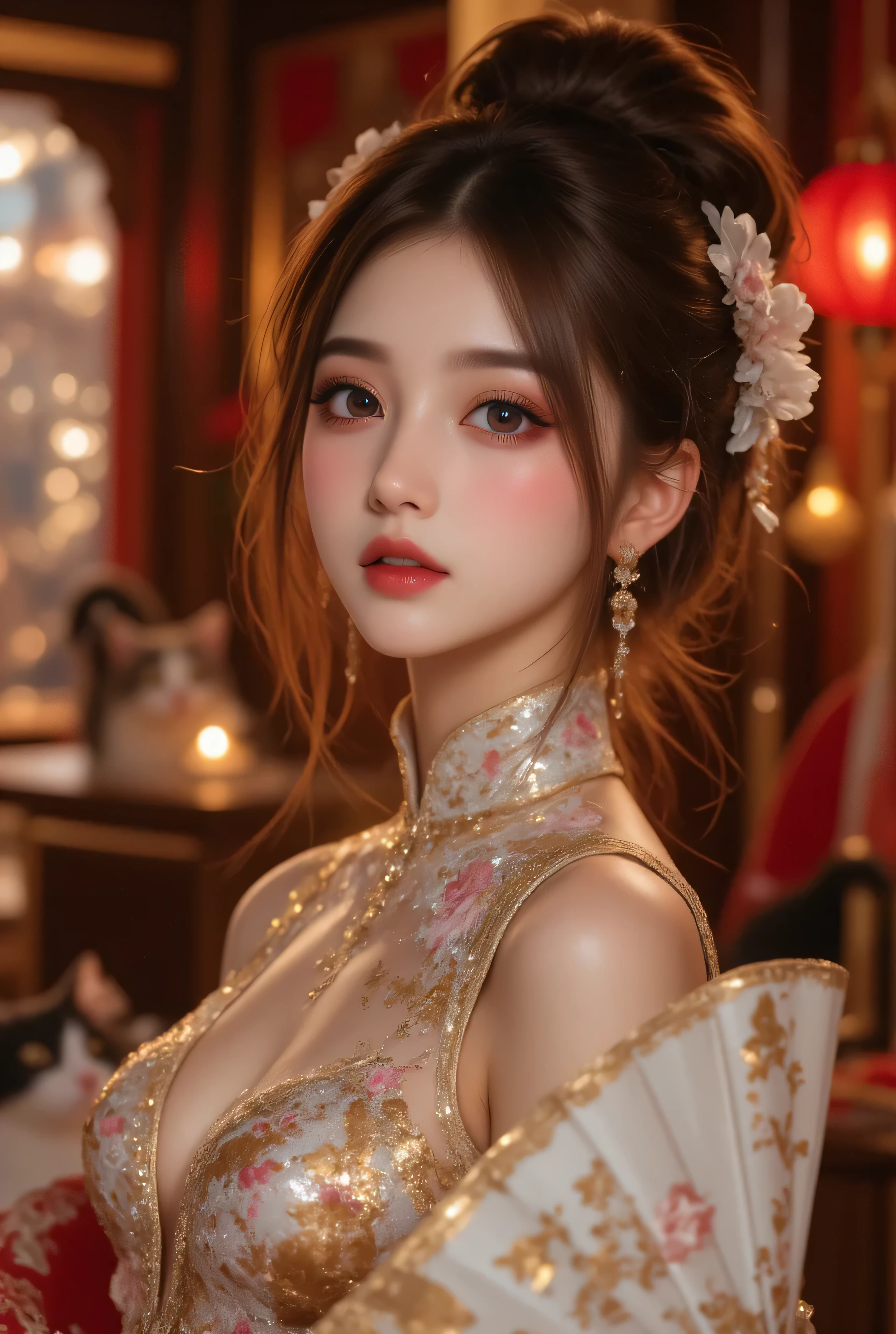 Cat ears、 face up, attractive, pretty girl, ponytail、 (( fine facial features , eroticism)), dramatic lighting , realistic , 8k, Dramatic Shadows , intricate and elaborate patterns , super detailed photo , chiaroscuro lighting , Pleasant colors , deep contrast , super real 、 pink lipstick、 warm room、Vintage Fireplace 、 cinematic composition、Close-up of face, pretty half part transparent open shoulder loose outfits dress, tang style, A beautiful Korean idol wearing a short colourful tightly cheongsam with phoenix and intricate floral golden embroidery, golden and silver outline on dress, hand with pink feathers paper fan and paper fan have golden ink drawing on it, standing gracefully in a room filled with traditional Chinese New Year decorations. The room features vibrant red lanterns, decorative calligraphy scrolls, a small Chinese orange tree with golden ornaments, and several red envelopes scattered across the floor and hanging from the tree. Adorable, playful cats are part of the scene—some sitting near the tree, others curiously pawing at the red envelopes or lounging around. Through a window or an open door in the background, vibrant Chinese fireworks light up the night sky in an array of reds, golds, and blues, casting a magical glow into the room. The idol’s outfit is paired with subtle accessories like red hairpins or earrings, complementing the festive look. The atmosphere is warm and lively, filled with the joyful essence of the celebration, enhanced by the shimmering lights of the fireworks and the lively decor.