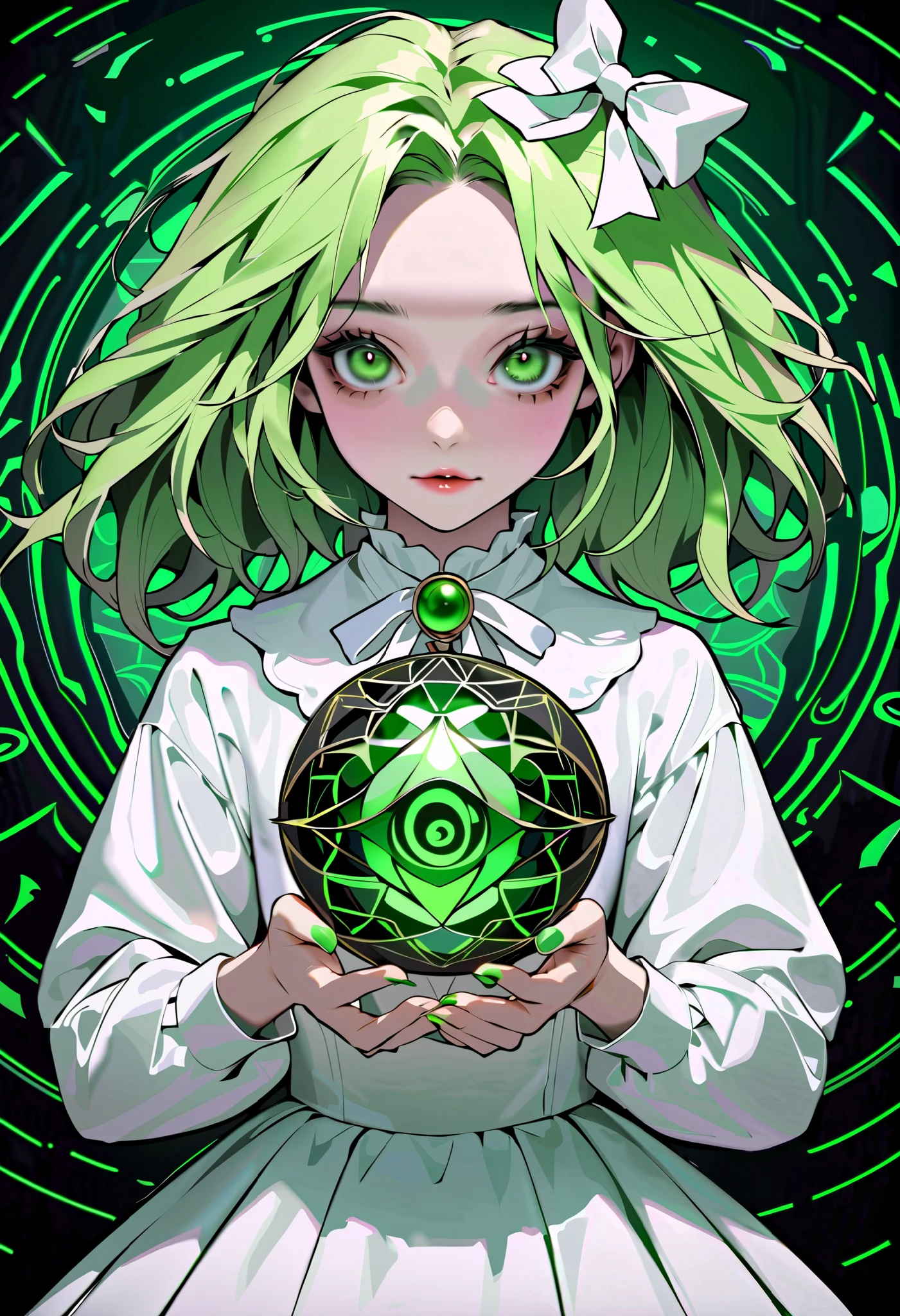 High Definition, masterpiece, Accurate, top quality, High Definition model, high detail, (((Tim Burton style, Accurate, Dark, The textures are soft, matte and toy-like))), (digital art:0.2),(geometric art:1.7),(top-quality),(masterpiece)(1 girl),(girl holding the clear yellow-green gemstone),Delicately drawn face,girl with a pretty face,beautiful detailed green eyes,green and white lolita fashion,((green and white costume)),white skirt,(Beautiful silky green hair:1.2),white ribbon hair ornament,Film Lighting,abstract,a beautiful artistic illustration,green geometric background,(green mosaic)
