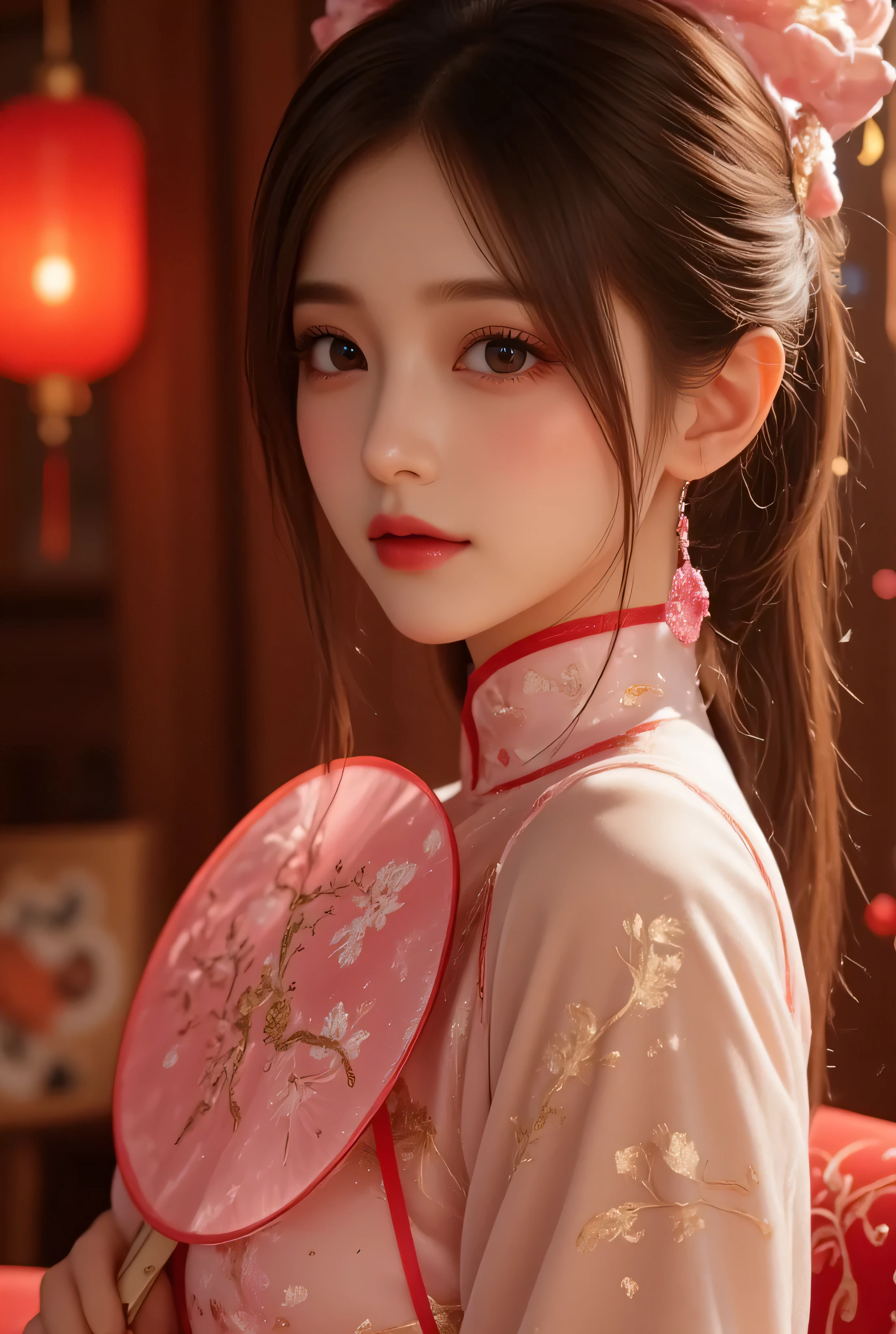A girl wearing traditional Chinese Hanfu, striking a sexy pose, and dancing.
(best quality, ultra-detailed, highres, masterpiece:1.2), portraits, vivid colors, studio lighting, flowing fabric, ornate embroidery, elegant hairstyle, delicate makeup, graceful movements, joyful expression, vibrant background, soft lighting, warm color palette