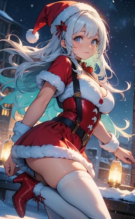 ((((perfect anatomy, super detailed skin)))), 1 girl, japanese, 14 years old, shiny skin, large breasts:0.5, watching the view,
beautiful hair, beautiful face, beautiful detailed eyes, (middle hair:1.4), silver hair,
beautiful clavicle, beautiful body, beautiful chest, beautiful thigh, beautiful legs, babyface, mole under eye, seductive thighs,
((symmetrical clothing, metallic red santa claus hat, metallic red off shoulder santa claus mini dress, white fur cuffs, white long gloves, white fur metallic red middle boots), christmas necklace),
well-styled, walking, ((impatient expression)), (facing the front), (((blushing cheeks, embarassed expression)), (((the skirt is rolled up by the wind))),
(beautiful scenery),winter, midnight, christmas, outdoors, park, (christmas tree), illumination, snow, snowfall:1.5,
(8k, top-quality, masterpiece:1.2, extremely detailed), (photorealistic), beautiful illustration, cinematic lighting,