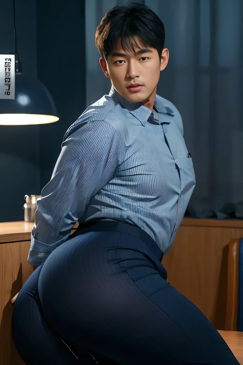 40-year-old boy ,Korean bulky male officer ,Wear navy blue police uniform shirt................ pinstripe navy blue smooth tight trouser, transparent pants obvious underwear print ,((unrealistic super big tight butt wearing pants)), legs wide open, legs on shoulder, missionary POV, men drooling ,8K,Cinematic lighting effects,Textured skin,best qualtiy