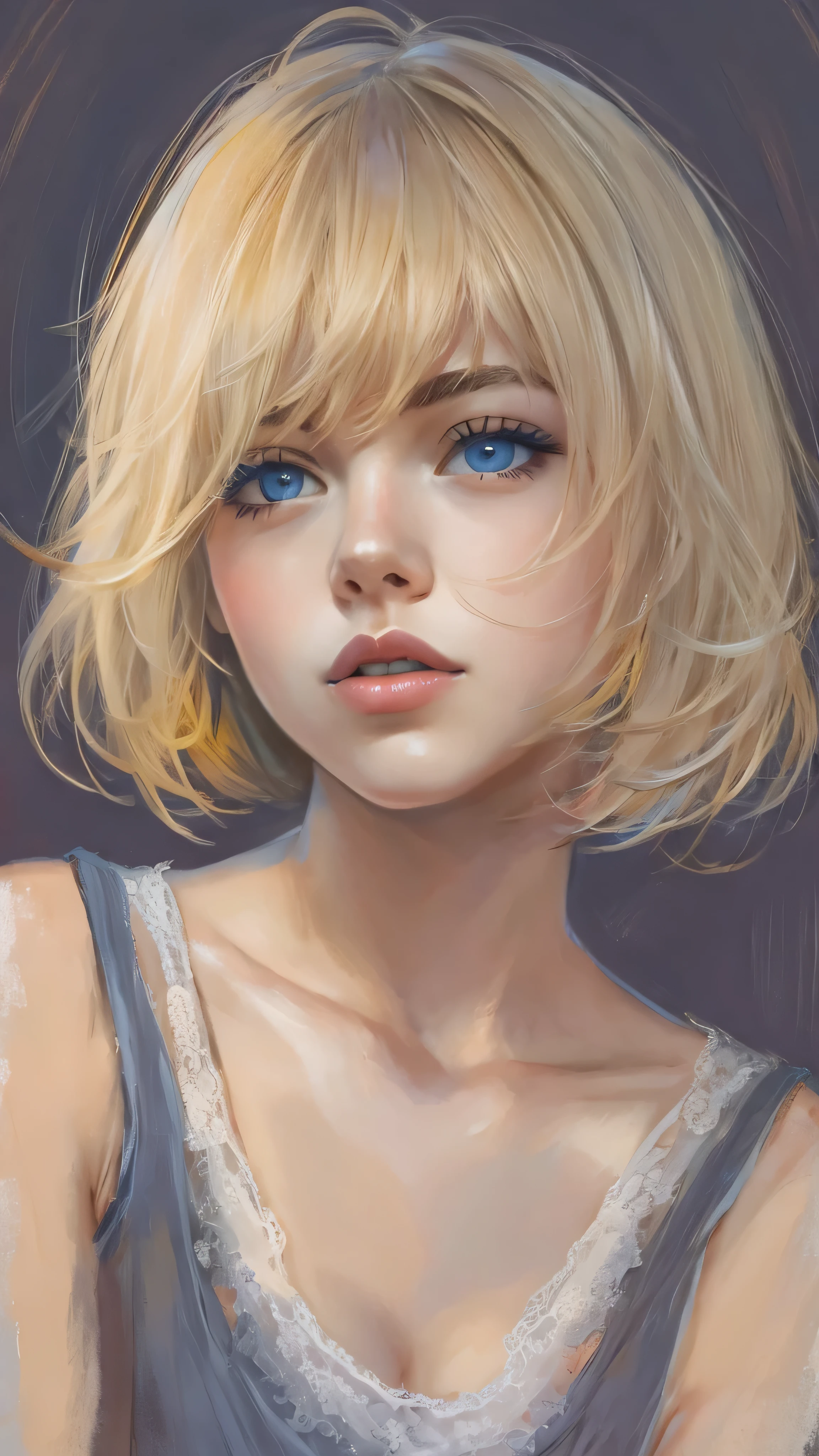 paint_ style, 1 girl in the best, Alone, watch viewers, short hair , bangs, blonde hair, clavicle, yellow eyes, tied his lips, lips, eyelashes, tank top, portrait, nose