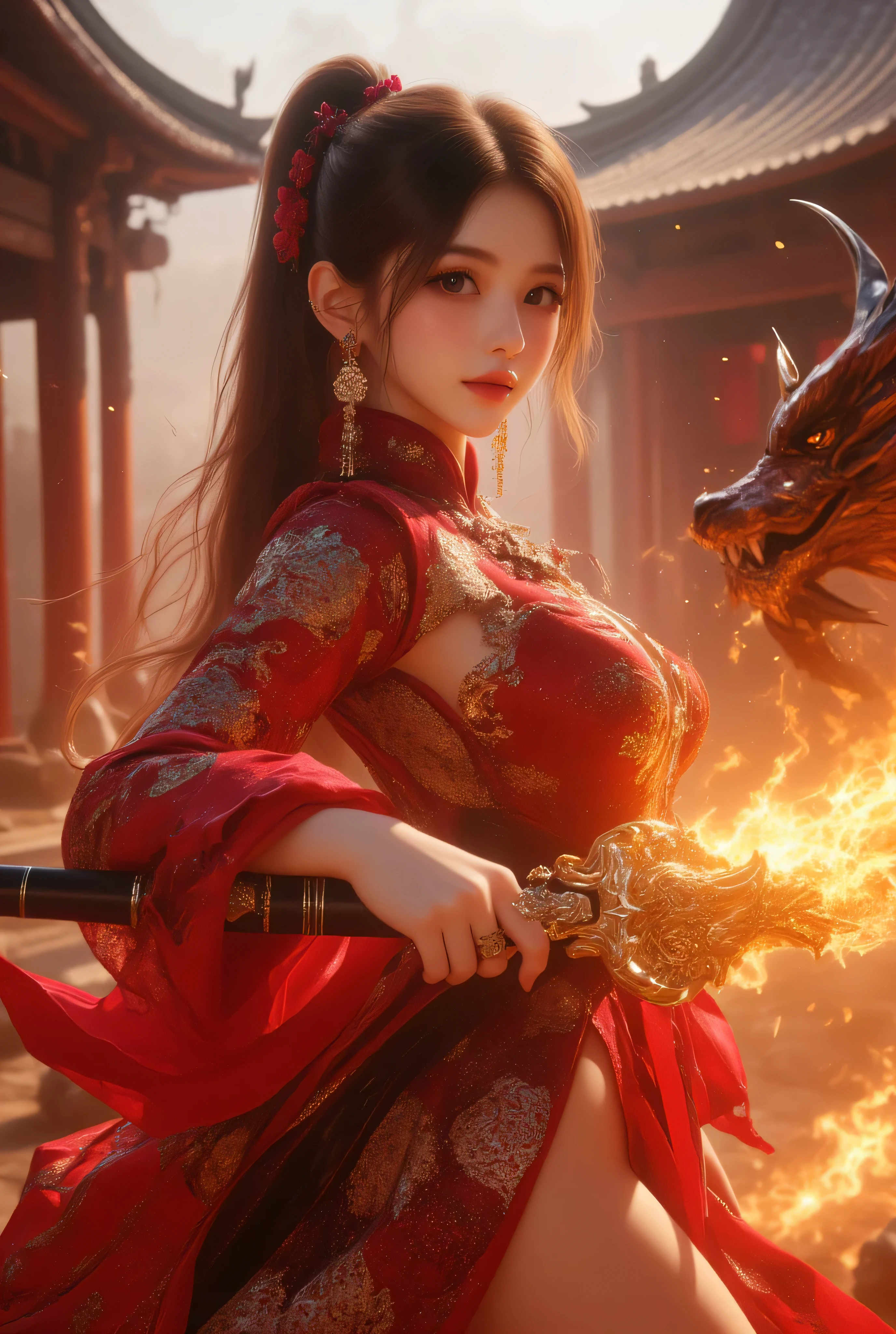 RAW photo, (Random shot, full body in frame, Side view focus, Dutch Angle), ((Asian adult female idol, one-person,) (traditional Chinese dress, one-piece, dark navy, long length, elegant, embroidered, decoration, fascinating,) random posing, stylish, cool, cute, sexy), she fighting Chinese dragon using Chinese steel sword with fire aura around sword , at front ancient Chinese house and buildings, focus on head