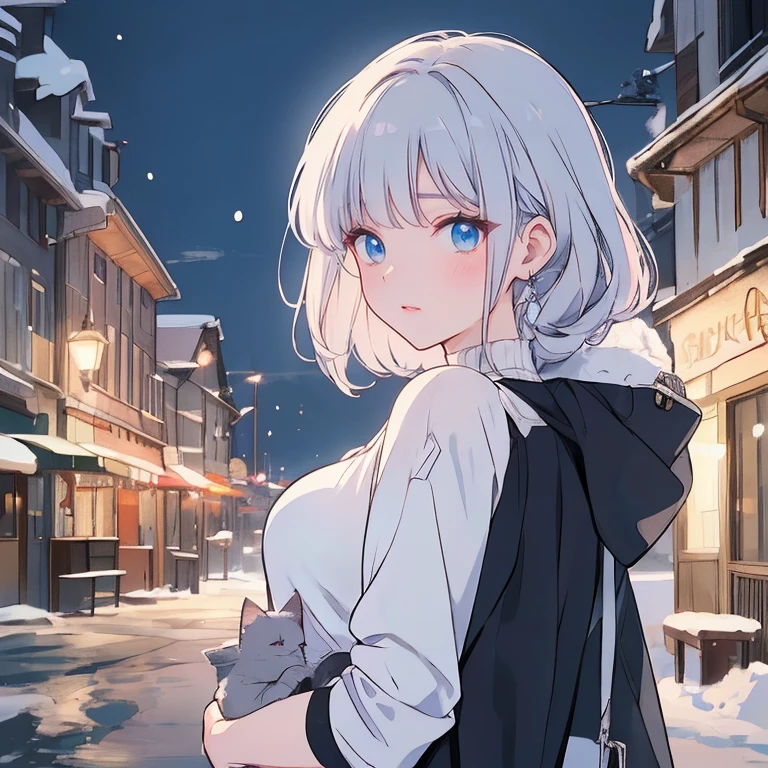 "Full-body anime kawaii character, beautifully detailed eyes and lips, long eyelashes, soft and elegant expression. A young woman with a slender and graceful figure, wearing a perfect, sexy and elegant body, large breasts and butt. Her face is delicate, with gentle features and a serene aura. The lighting is cinematic, with soft highlights and low-variance brightness that creates a dreamlike and vibrant atmosphere. The scene is artfully framed, with high-resolution details and soft color tones that highlight the character's beauty and elegance. (Best quality, 4k, 8k, High Resolution, Masterpiece: 1.2), ultra-detailed, digital painting, portrait style, soft and glamorous lighting." digital picture in anime style, anime graphics, woman in coat with small kitten in his arms, beautiful anime image, winter city, bright colors, expressive eyes, clear cheekbones, high detail