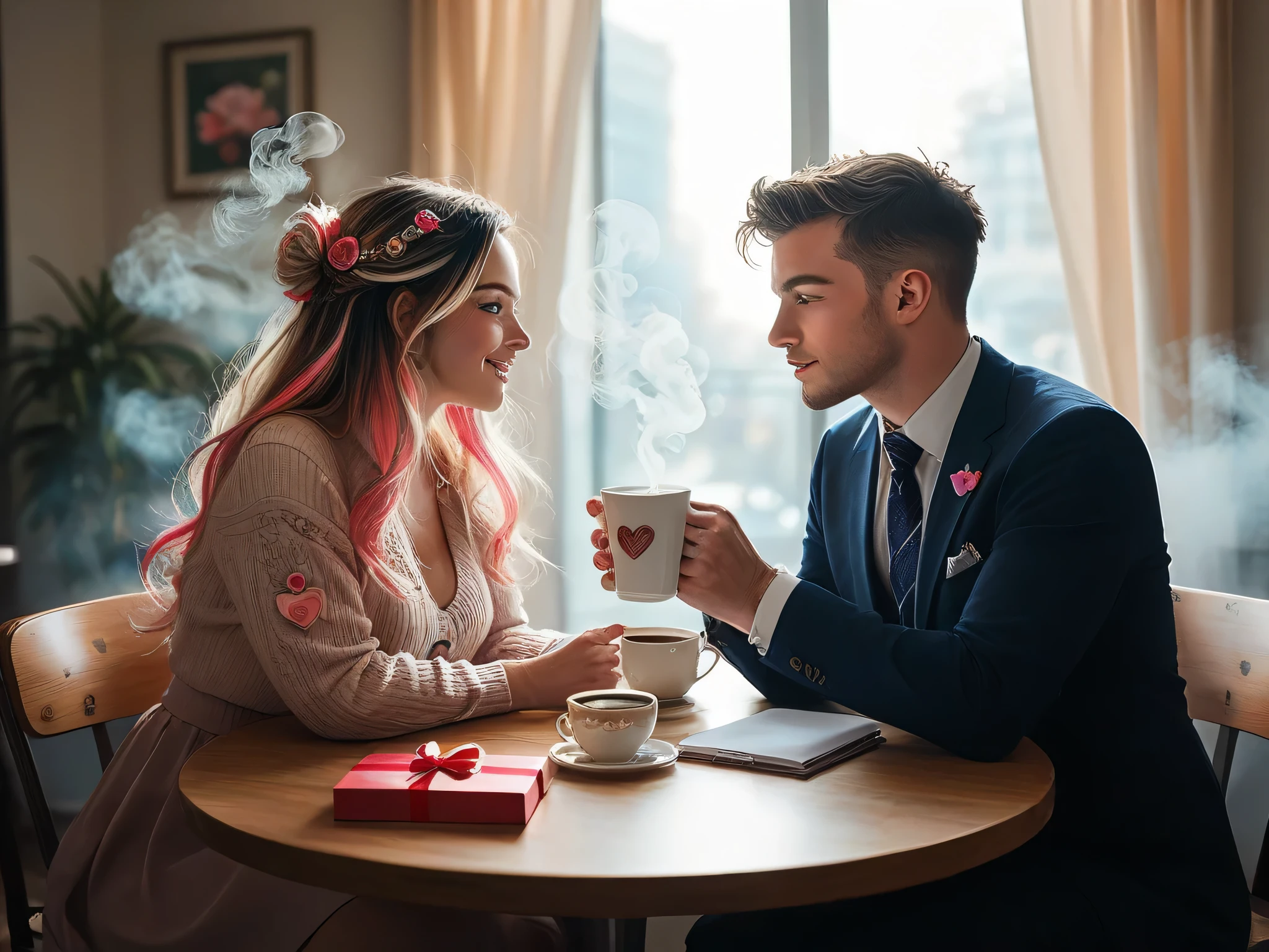 A cozy café decorated with Valentine's Day ornaments like heart garlands and flowers on the tables. A couple sits across from each other at a small table, one holding a small wrapped gift. The warm, soft lighting highlights their smiles, with Edison bulbs glowing in the background. Steam rises from two coffee cups, adding intimacy to the scene. Stock photography style, ads photography, copy space, professional camera