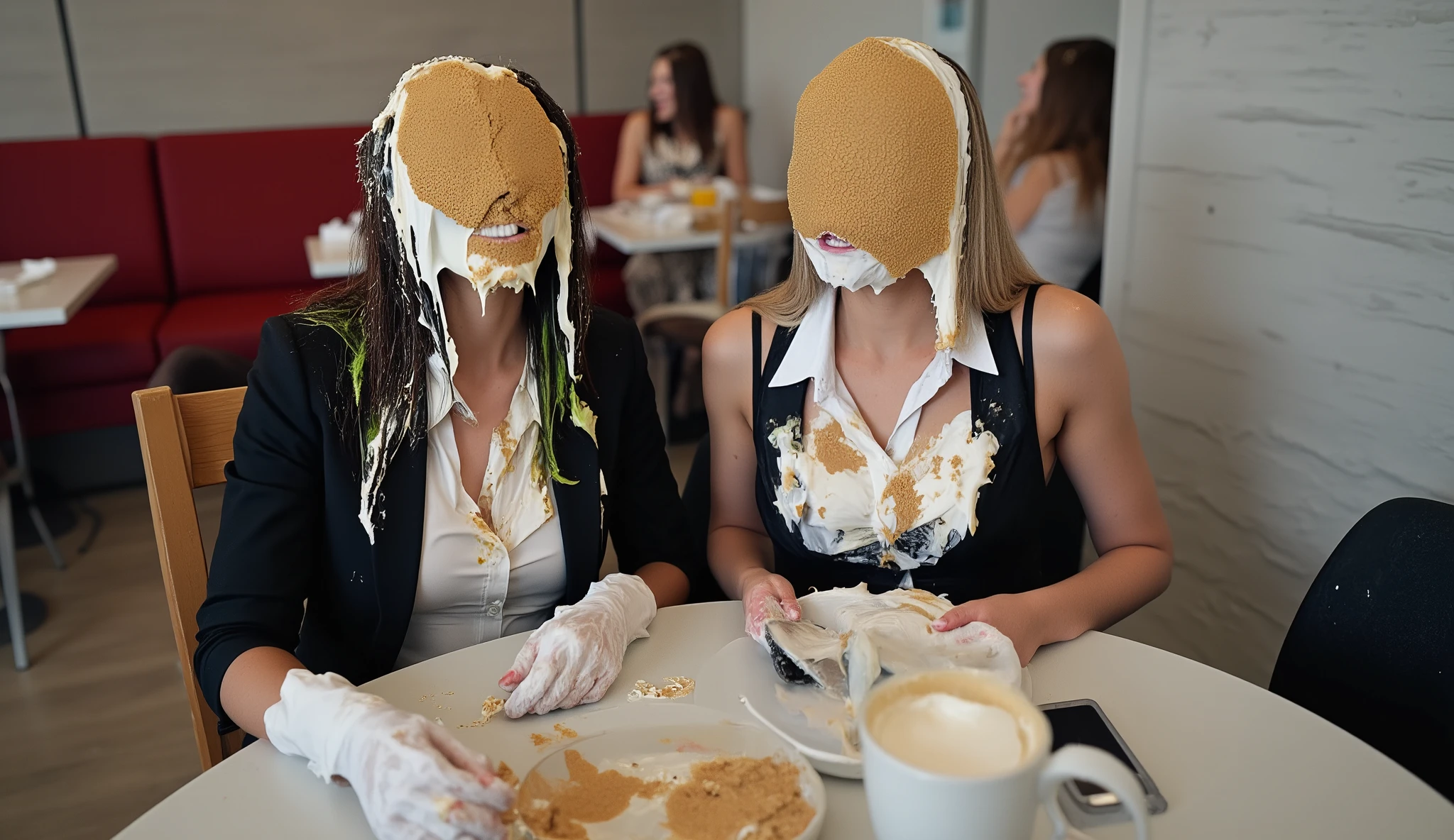 Two beautiful young women sitting at a table in a restaurant. They are both wearing office clothes. One woman has dark hair with green highlights, the other has blonde hair.