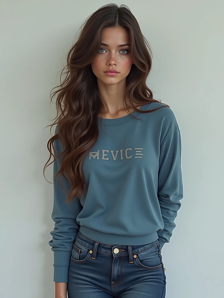 old girl , big grey eyes, very long hair with curls , brown color, slim figure , blue sweater with letters , And tight blue jeans, medium breasts ,