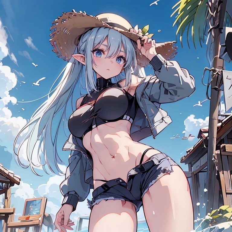 (8K、Highest quality、Highest quality、masterpiece)、Detailed face、One Girl、(Brown Skin:1.2)、Long Hair、Blue Right Eye、Yellow Left Eye、Heterochromia、Grin、(Bikini top Only、BikiniTop、Bikini Top、Denim hot shorts、Open Shorts、Unziped shorts、Mini Shorts、No Panties、NoPanties、Sexy pose、Suggestive pose、Spread pussy under shorts、frontal wedgie、wedgie、Spread vagina under shorts)、labia view、Beach、cloud、vagina、Spread Vagina、spread pussy、Big Breasts、
