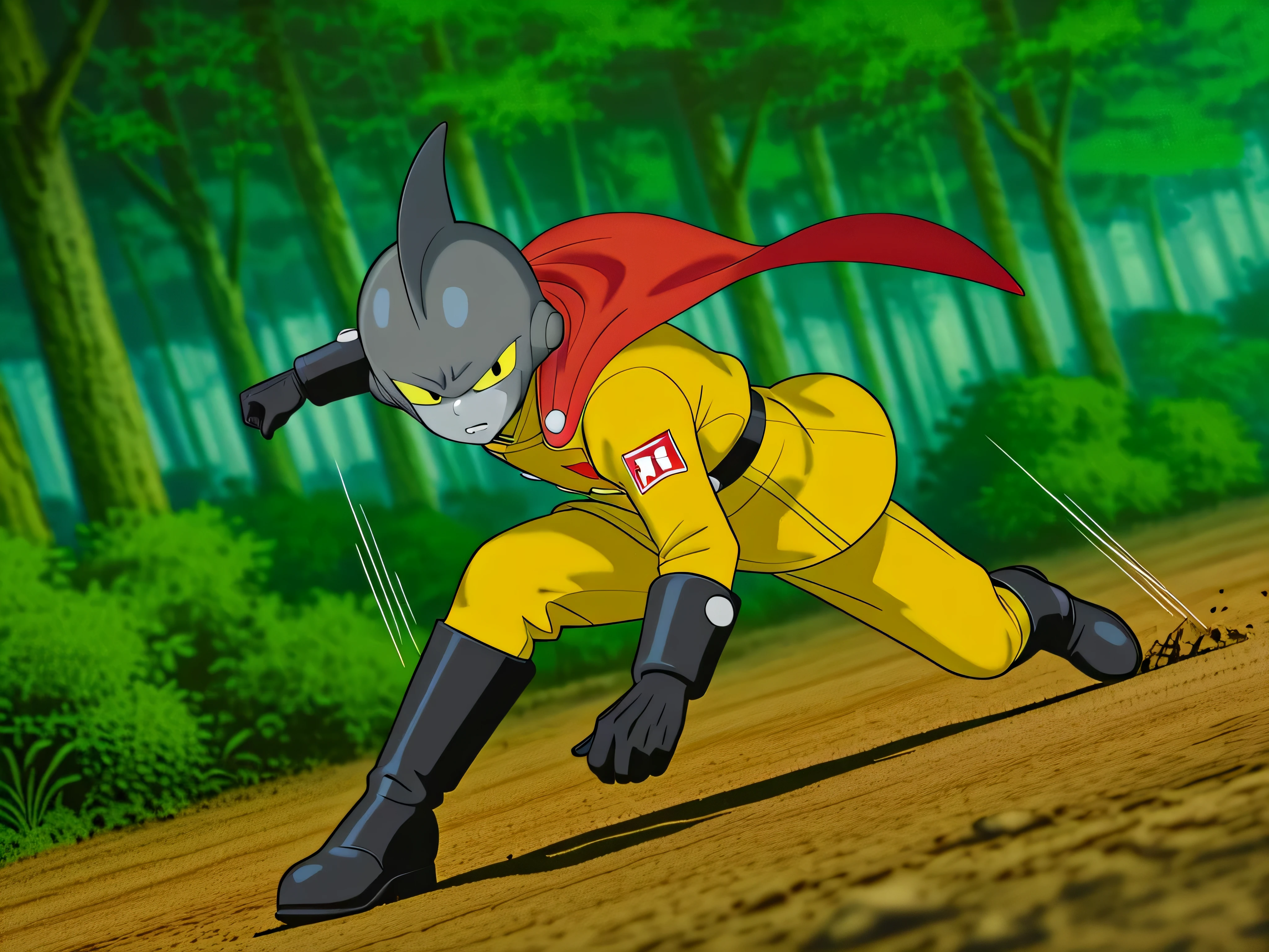 \(Gamma1: gamma 1, 1boy, grey skin, yellow sclera, black eyes, shark fin),(yellow jacket, yellow pants, red cape, red print, black belt, black gloves, black boots, red ribbon shoulder patch)\. \ (dramatic angle, action view, motion lines), forest, (Highly detailed, Absurdres, Anatomically correct, Best quality, 4k), full body