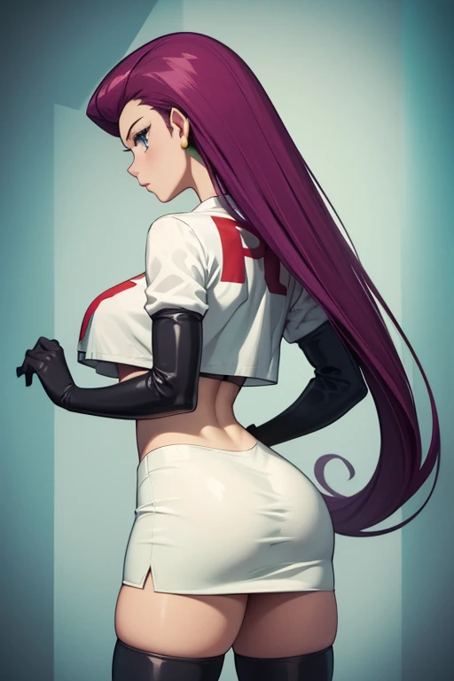 Masterpiece, stunning realistic, best quality, sharpness, 1 girl ,jessie pokemon, solo, team rocket, gloves, hair slicked back, long hair, jewelry, skirt, navel, thighhighs, earrings, elbow gloves, team rocket uniform, crop top, blue eyes, midriff, white background, belt, black gloves, very long hair, simple background, smile, black thighhighs, purple hair, looking at viewer, breasts, white skirt, miniskirt,large breasts,standing in a city,arms behind head ,back view,view on ass,focus on ass
