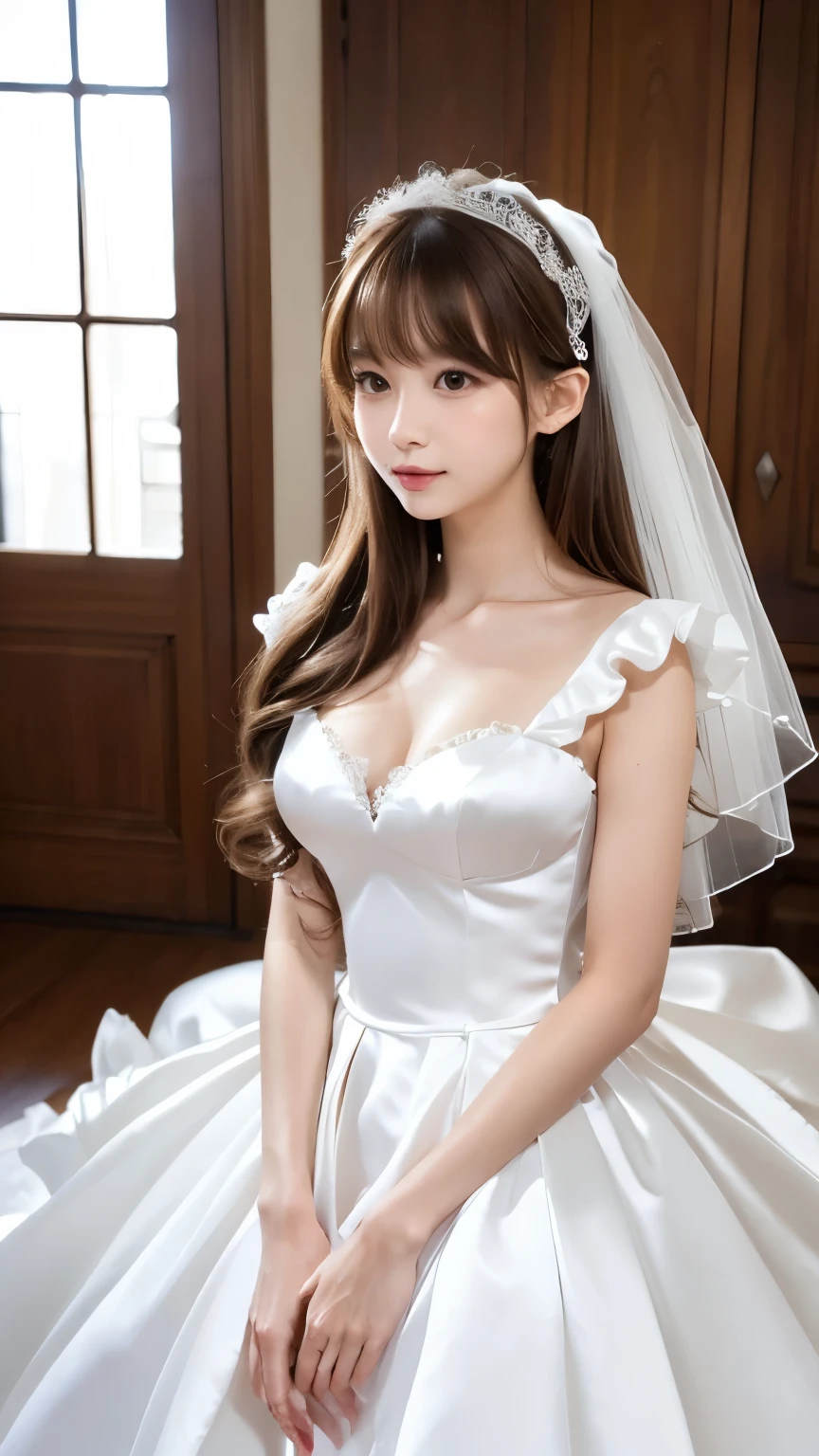 slender line wedding dress cute Japanese 18-year-old blonde Handsome short Smile large breasts
