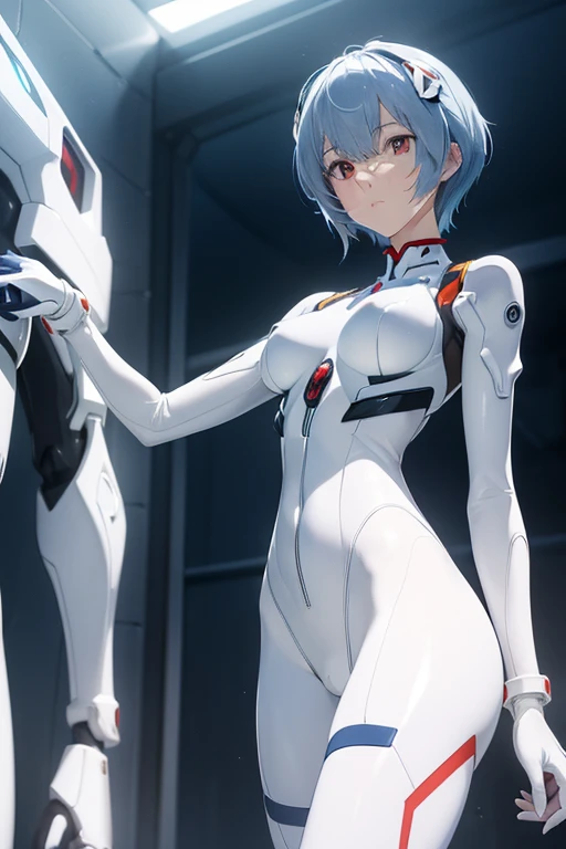 (masterpiece, Highest quality, Very detailed, 8k, wallpaper, Realistic), ((Perfect hands)), ((Perfect Anatomy)), Medium cleavage, Long, round legs, Round ass, ((Attractive anime)), ((Rei Ayanami)), ((Capture her mysterious beauty with her white skin, Short indigo hair with striking details)), ((Bright crimson eyes with a mysterious depth)), ((She wears her trademark white plugsuit., Smooth and fits the body, Subtle blue accents)), ((Medium Shot, From below)), ((Dynamic Background)), ((Sensual pose, squat))
