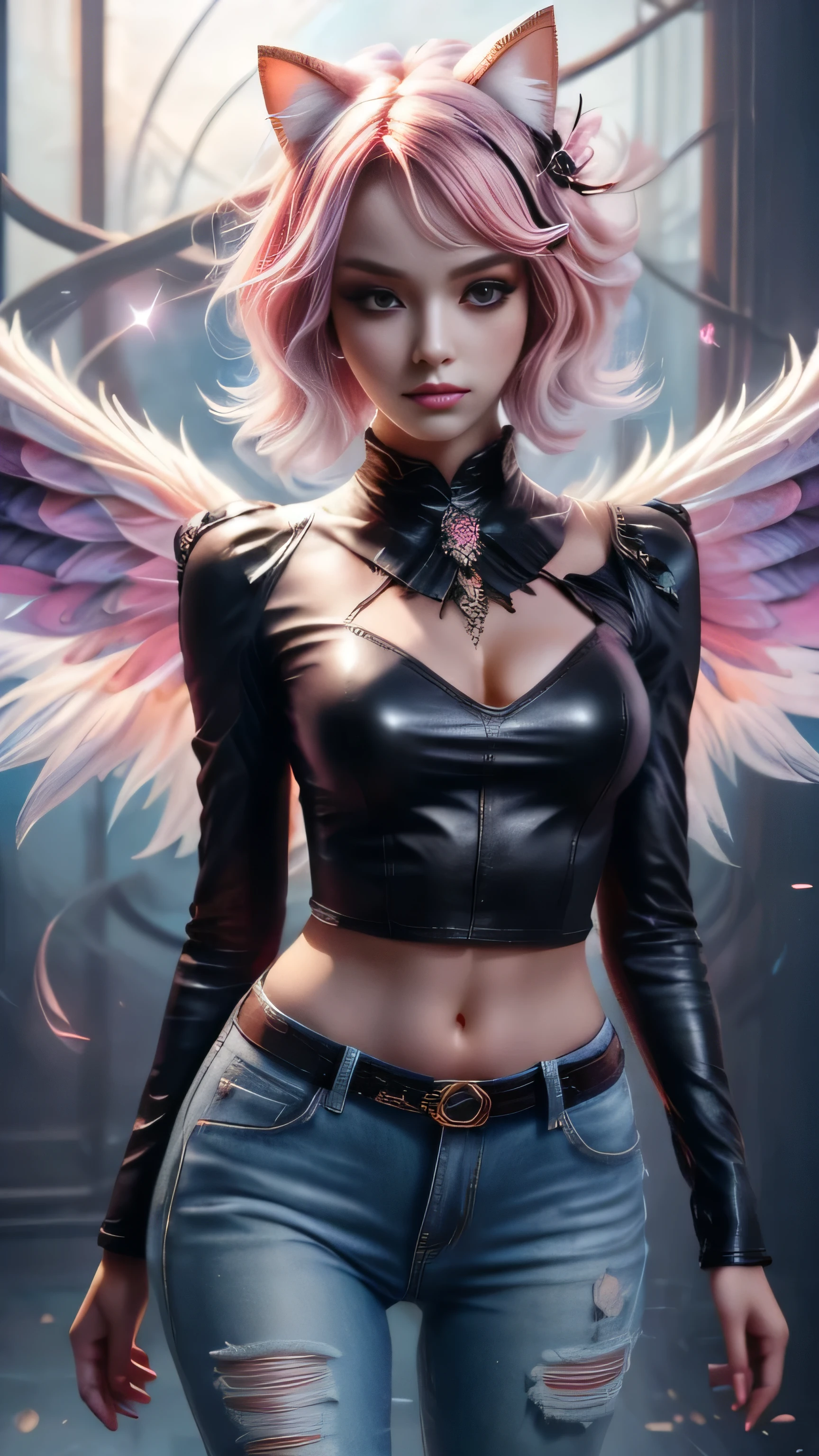 there is a doll with pink hair and cat ears, full slim skinny gothic cat girl body, dollpunk, artdoll, [ trending on cgsociety ]!!, beautiful young cat girl, wlop loish and clamp style, cgsociety ), cgsociety - w 1 0 2 4 - n 8 - i, cgsociety 9, bjd, cgsociety, shimmering, sparkling, airbrushed gothic beauty with long black and pink hair in flowing waves, blue eyes, ragged black and pink feather wings extending behind her crouching figure, her outfit consists of a pink long-sleeved top with the words "No More Flying" on it, ripped black jeans, pink leather boots, a mottled pink and black background with fluttering feathers, fantastic realism sparkles with unearthly magic