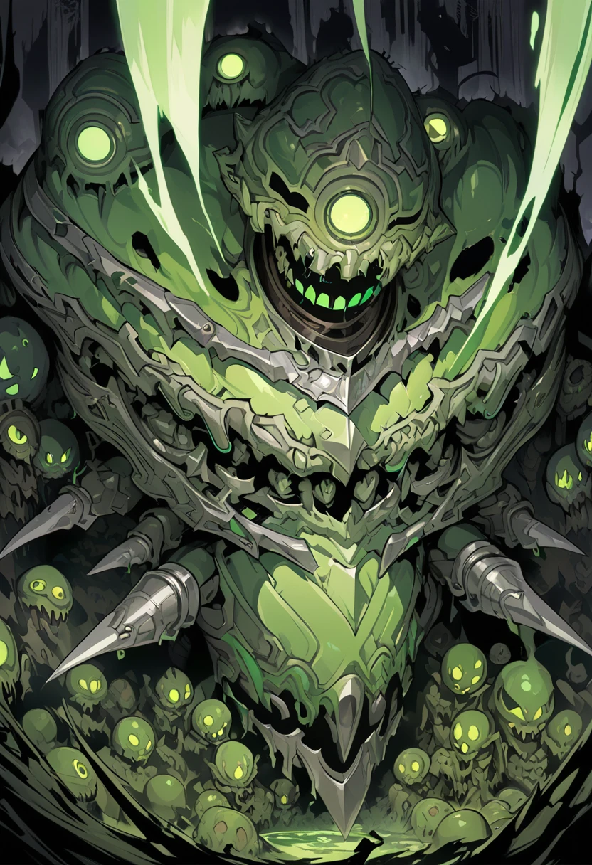 ((dark biopunk horror)), gloomy biopunk, high creature, long green closed cloak, silver glossy closed smooth pointed helmet, green glowing eyes, many eyes, highly detailed art, dark character, creepy character
