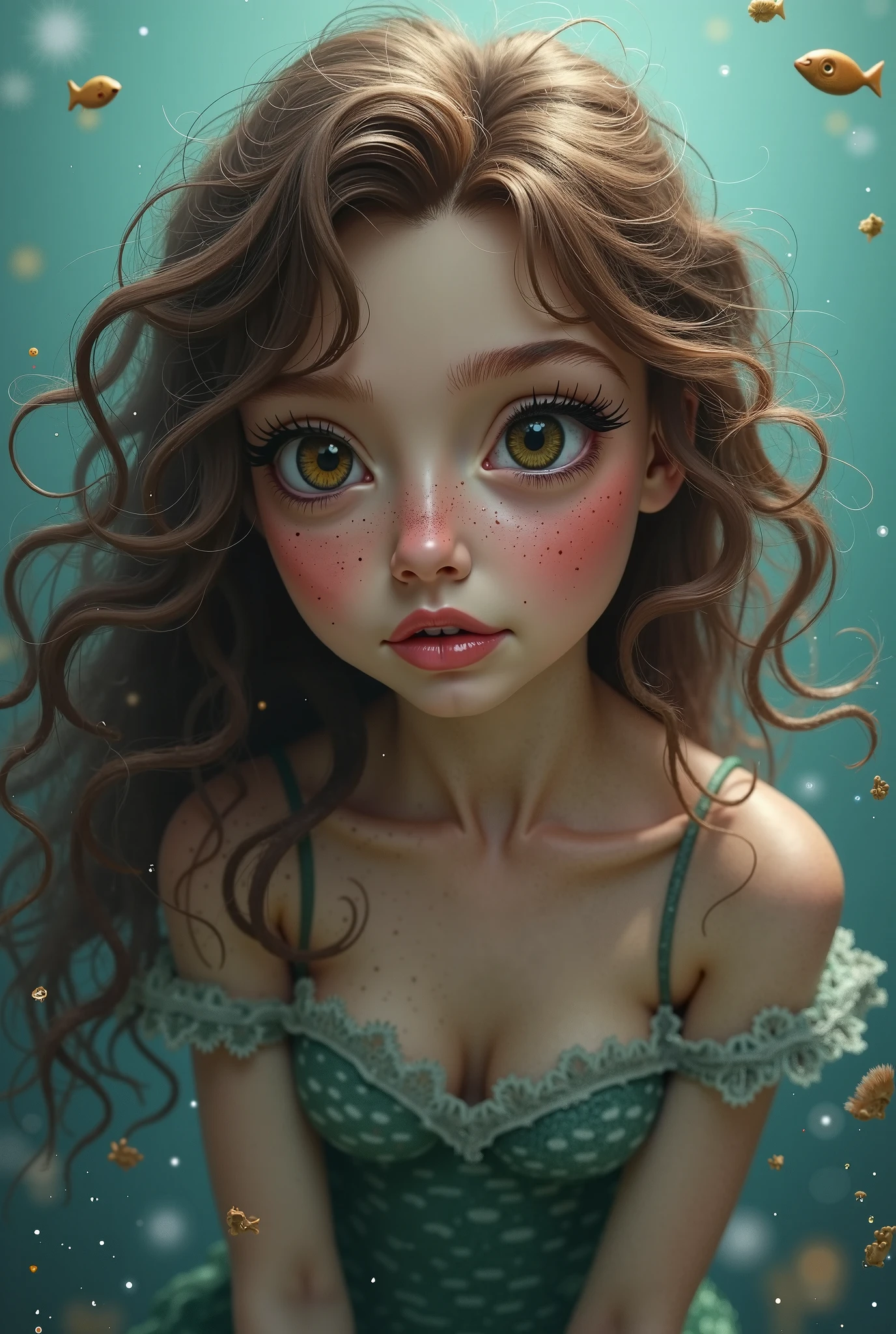 There is a girl with a green dress and fish in the background - SeaArt AI