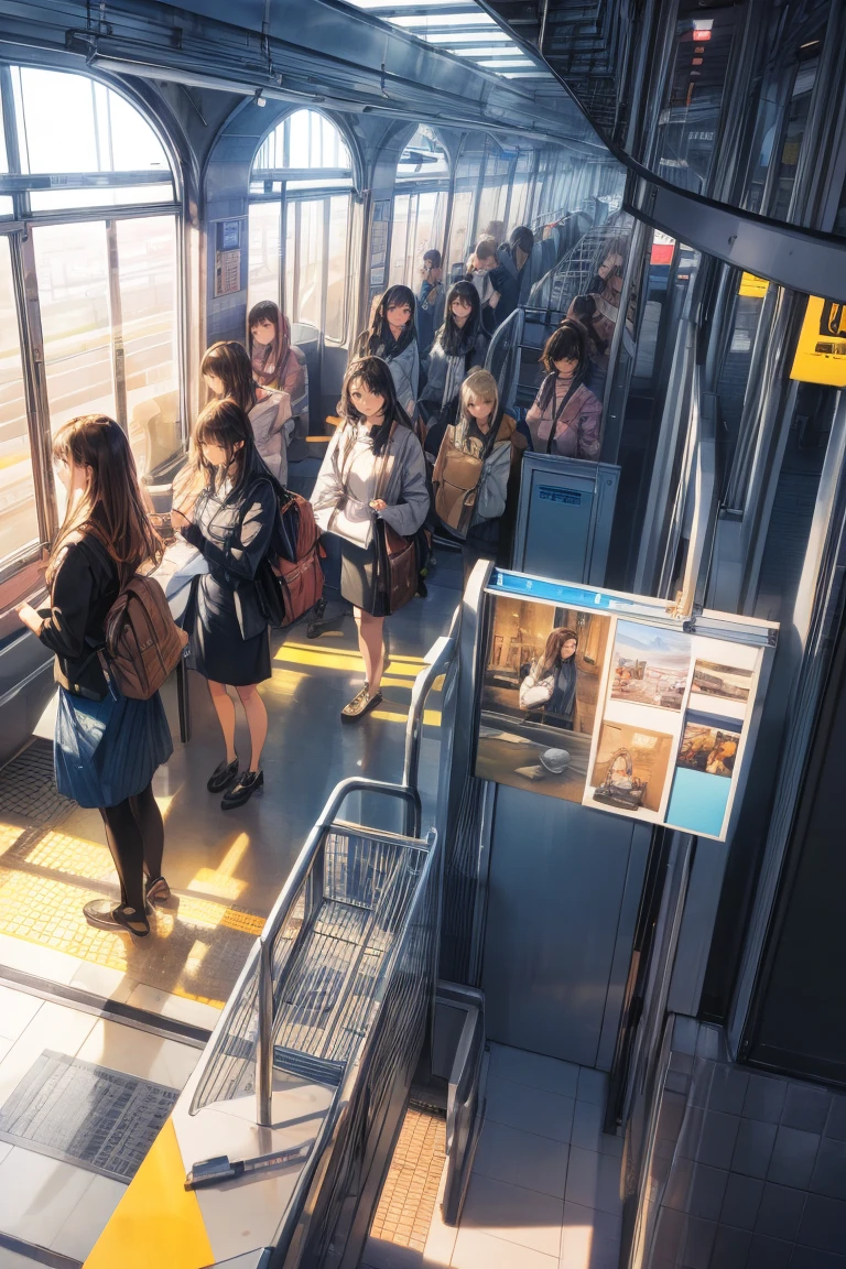 Highest quality, Super detailed, figure,
Multiple Girls, , Black Hair, Glasses, school bag, smile, Laughter, View your viewers, crowded train、Lots of girls、
e235, Inside the train, scenery, Sheet, window, screen, Realistic, photograph background, photograph (Moderate), photographRealistic, close
 