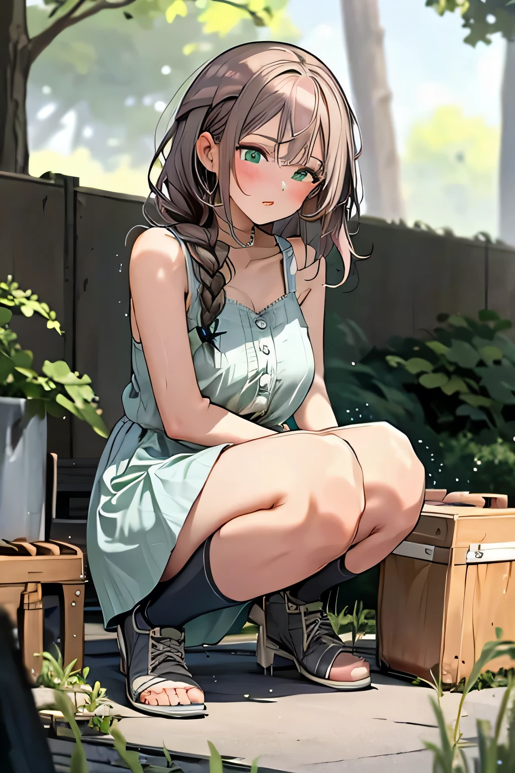 ( best quality), (masterpiece), 1 Girl, Early 20s, big heavy breasts , Big Breasts, plump breasts, thick, thick lips, Wide Hips , Thin Waist, is cute _ camisole_top, GREEN 03 , 緑色の camisole, peeing, cowboy Shot, skirtlift, squatting, Open legs, focus crotch