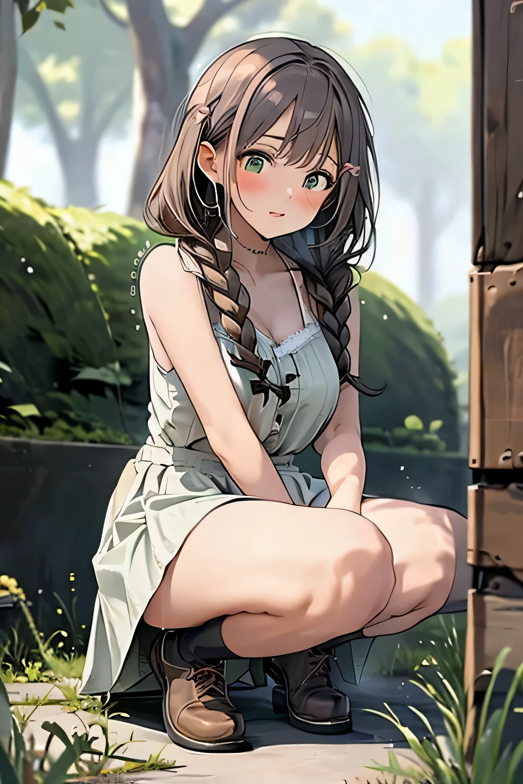 ( best quality), (masterpiece), 1 Girl, Early 20s, big heavy breasts , Big Breasts, plump breasts, thick, thick lips, Wide Hips , Thin Waist, is cute _ camisole_top, GREEN 03 , 緑色の camisole, peeing, cowboy Shot, skirtlift, squatting, Open legs, focus crotch