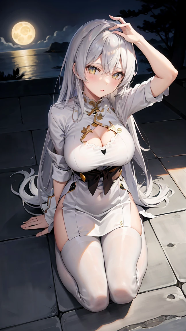 master piece, best quality, 1 girl, white long hair, looking at the viewer, :3, adorable, black , exterior, street, cowboy lens,big cleavage, curve, (((e blue eyes))), Rias Gremori,green hair, antenna hair, wavy hair, ((beautiful and fine eyes,Beautiful details shine)),huge tit,