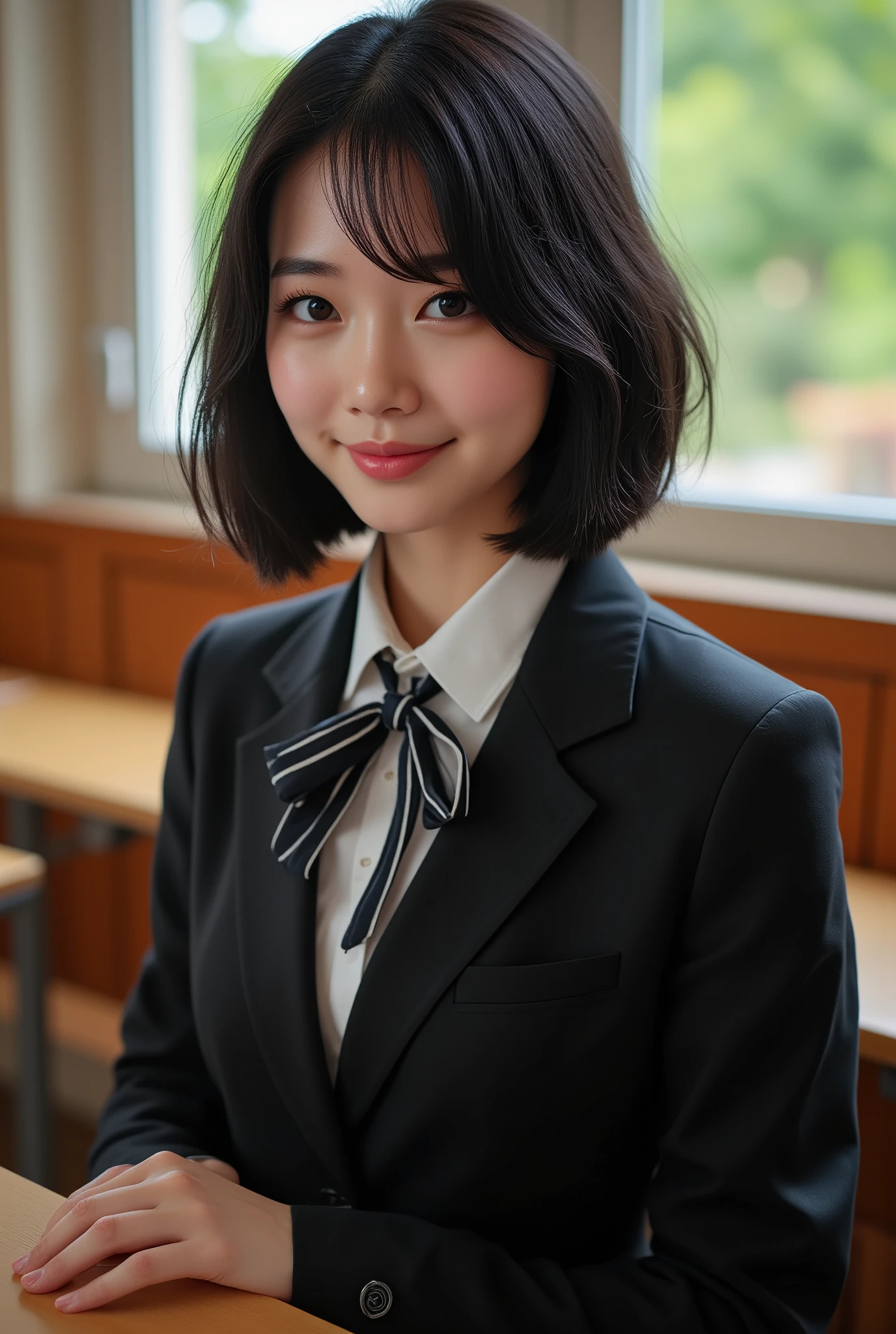 ( best quality,8K quality,masterpiece:1.3),( super A high resolution, photorealistic:1.4, Original photo),( super detailed , caustics, detailed background),( Ultra Realistic Capture , beautiful detailed skin, perfect human body),classroom,18 years old, is cute , black hair short bob , School Blazer Uniform,Looking at the camera,smile, bust up shot, natural soft light