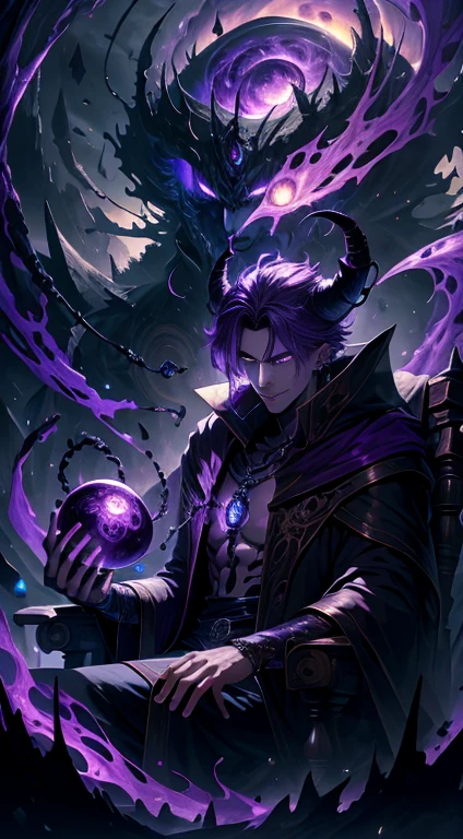 (absurdres, highres, ultra detailed, HDR), masterpiece, best quality, vampire male sitting on demon with a giant eye, in arrogant look, solo, vampire, male, demon eyeball, giant eyeball, disgusting, black demon wing, demon horn, handsome, purple eye, glowing eye, black robe, earring and accessory, bare chest, arrogant face, full body, magic vortex, spark, swirl, black and purple aura, dark purple cloudy sky, abyss, abstract background, from side, look up, evil smile