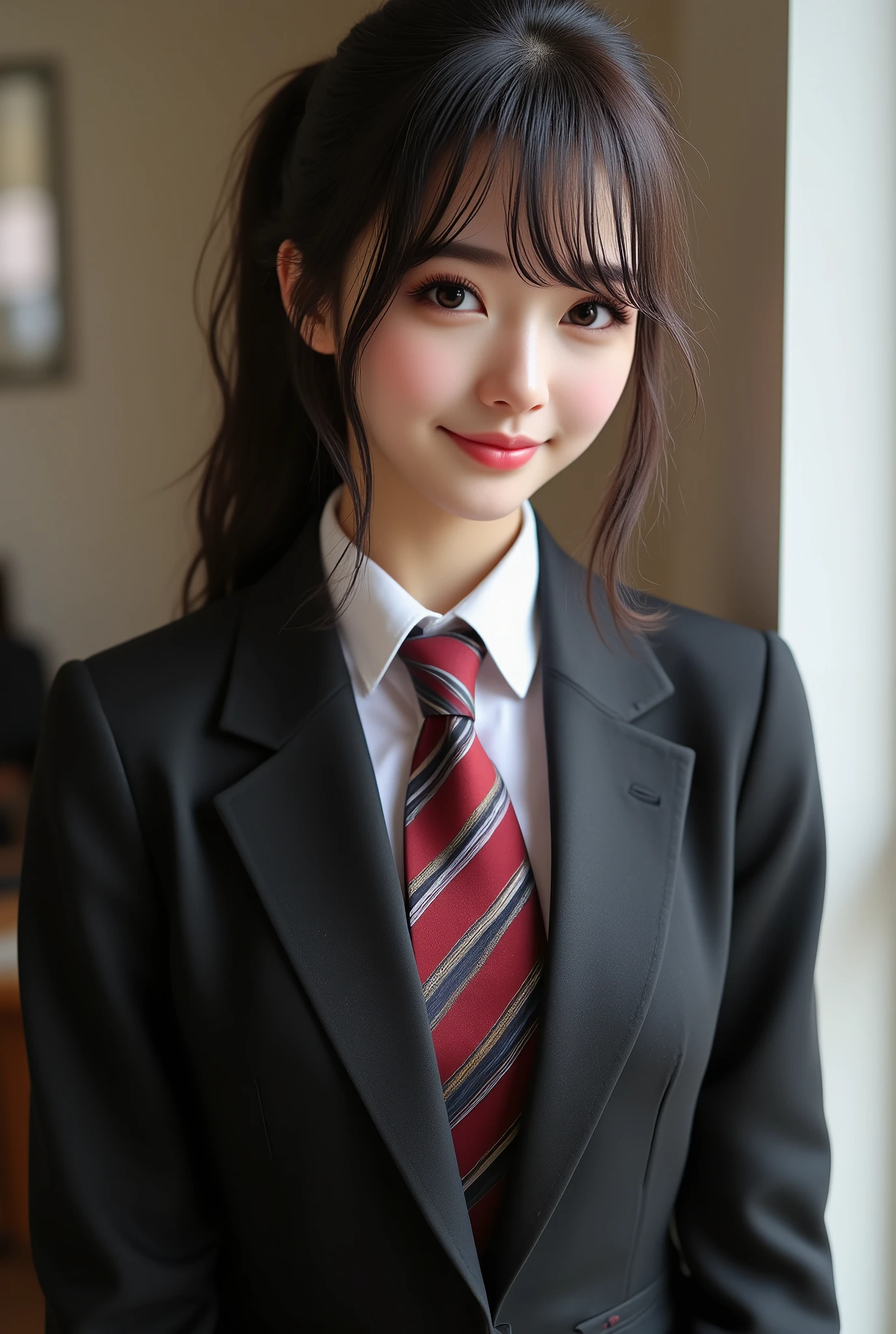 ( best quality,8K quality,​masterpiece:1.3),( super A high resolution, photorealistic:1.4, Original photo),( super detailed , caustics, detailed background),( Ultra Realistic Capture , beautiful detailed skin, perfect human body),classroom,18 years old, is cute , black hair ,  ponytail hair ,  School Blazer Uniform,Looking at the camera,smile, bust up shot, natural soft light