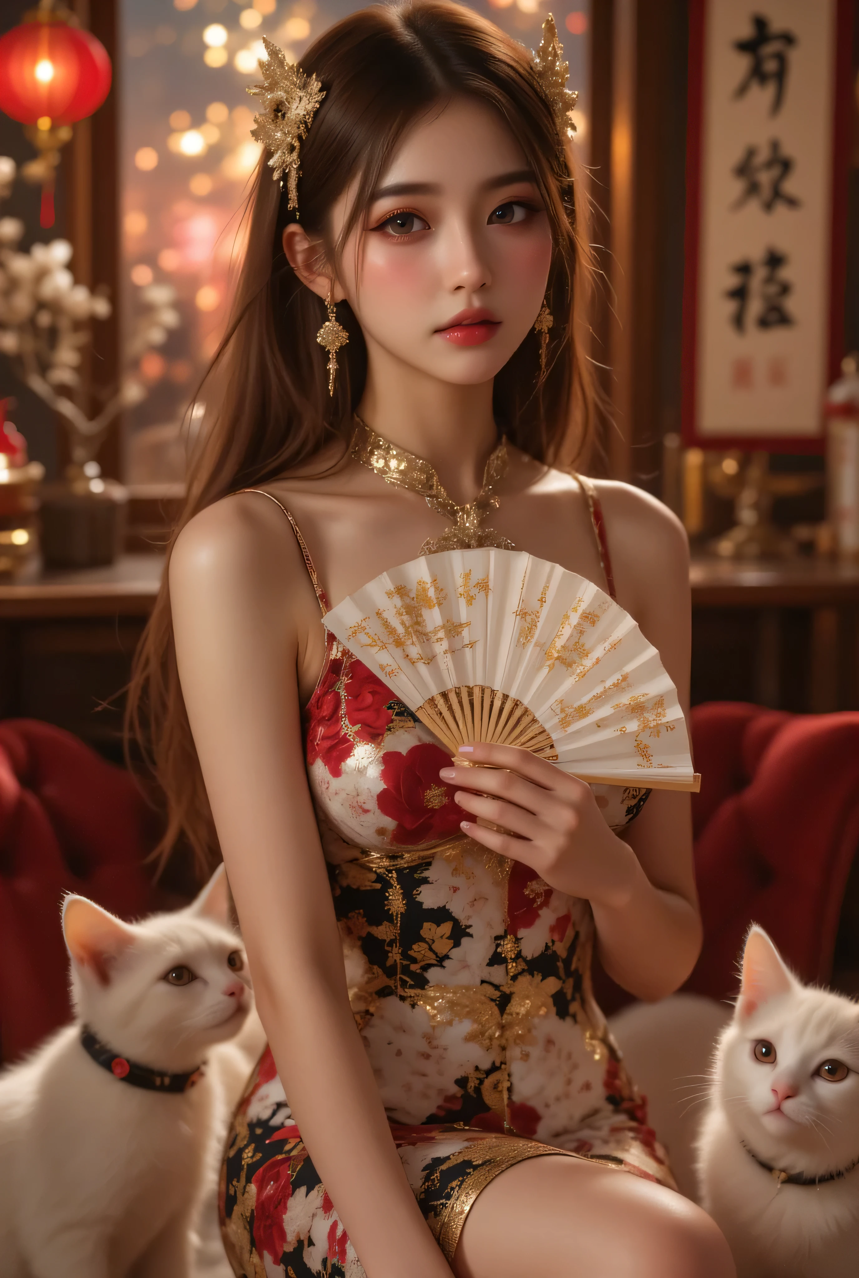 Cat ears、 face up, attractive, pretty girl, ponytail、 (( fine facial features , eroticism)), dramatic lighting , realistic , 8k, Dramatic Shadows , intricate and elaborate patterns , super detailed photo , chiaroscuro lighting , Pleasant colors , deep contrast , super real 、 pink lipstick、 warm room、Vintage Fireplace 、 cinematic composition、Close-up of face, pretty half part transparent open shoulder loose outfits dress, tang style, A beautiful Korean idol wearing a short colourful tightly cheongsam with phoenix and intricate floral golden embroidery, golden and silver outline on dress, hand with pink feathers paper fan and paper fan have golden ink drawing on it, standing gracefully in a room filled with traditional Chinese New Year decorations. The room features vibrant red lanterns, decorative calligraphy scrolls, a small Chinese orange tree with golden ornaments, and several red envelopes scattered across the floor and hanging from the tree. Adorable, playful cats are part of the scene—some sitting near the tree, others curiously pawing at the red envelopes or lounging around. Through a window or an open door in the background, vibrant Chinese fireworks light up the night sky in an array of reds, golds, and blues, casting a magical glow into the room. The idol’s outfit is paired with subtle accessories like red hairpins or earrings, complementing the festive look. The atmosphere is warm and lively, filled with the joyful essence of the celebration, enhanced by the shimmering lights of the fireworks and the lively decor.