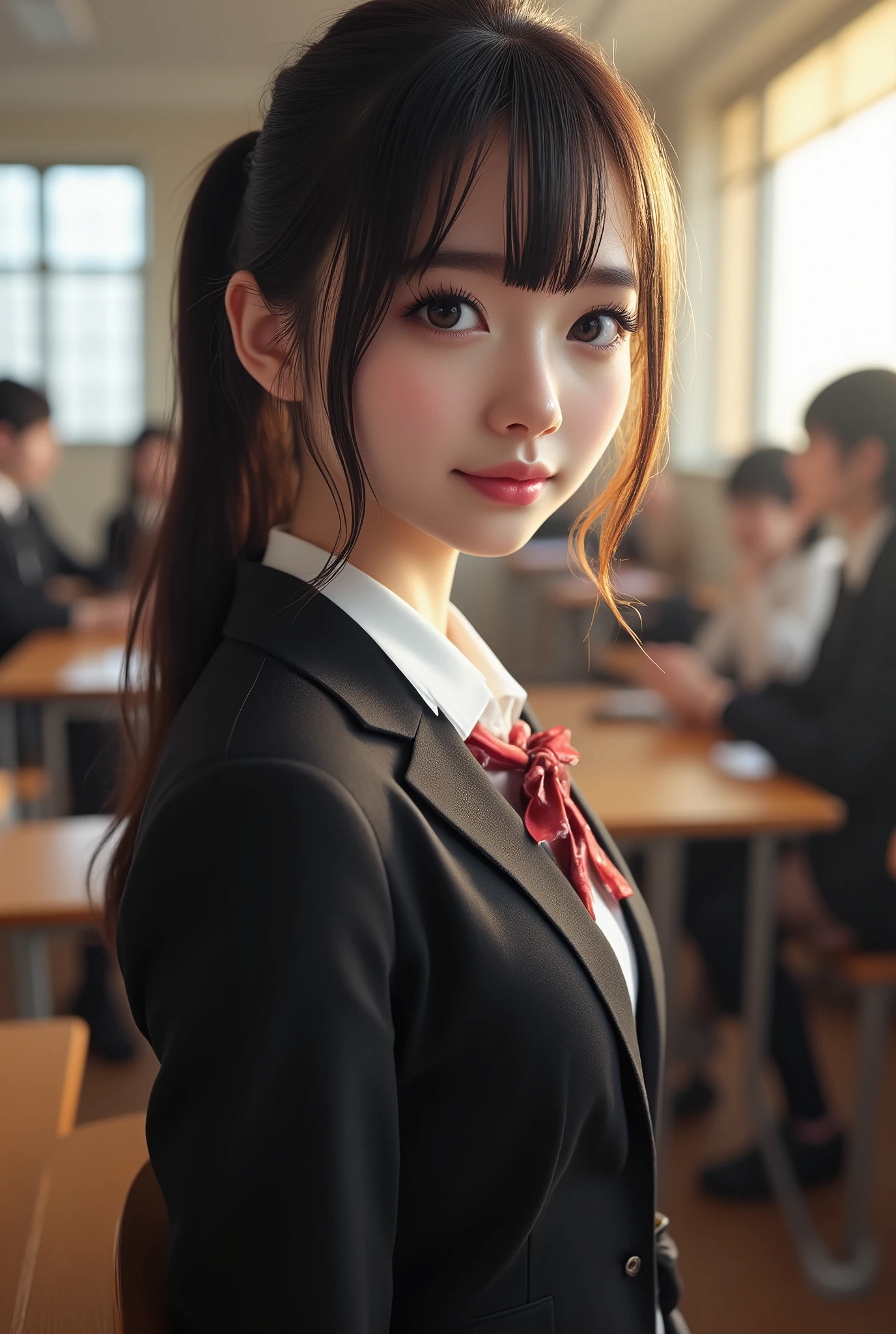 ( best quality,8K quality,masterpiece:1.3),( super A high resolution, photorealistic:1.4, Original photo),( super detailed , caustics, detailed background),( Ultra Realistic Capture , beautiful detailed skin, perfect human body),classroom,18 years old, is cute , black hair , ponytail hair , School Blazer Uniform,Looking at the camera,smile, bust up shot, natural soft light