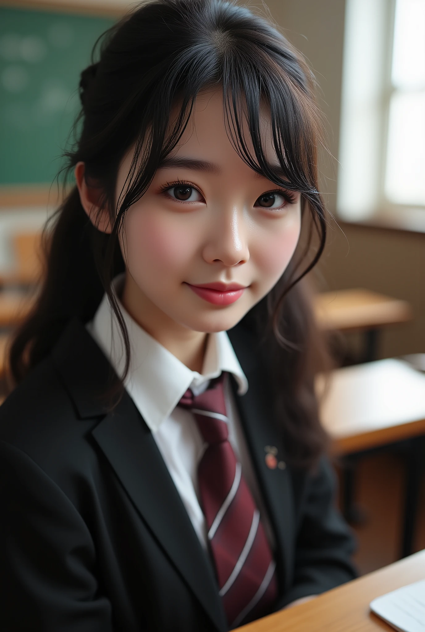 ( best quality,8K quality,masterpiece:1.3),( super A high resolution, photorealistic:1.4, Original photo),( super detailed , caustics, detailed background),( Ultra Realistic Capture , beautiful detailed skin, perfect human body),classroom,18 years old, is cute , black hair , ponytail hair , School Blazer Uniform,Looking at the camera,smile, bust up shot, natural soft light