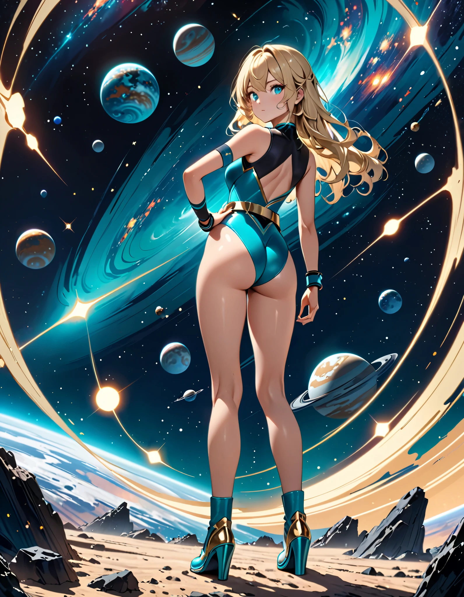 masterpiece, highest quality, High resolution, One girl, alone, Superhero, leotard, barefoot, boots, matching boots, aura, blue aura, No sleeve, gloves, bracelet, matching gloves, View Viewer, Particles of light, Space Background, Perfect hands, Perfect Eyes, Power ups, perfect leotard, Perfect Legs, Perfect Arms, Perfect Fingers, blue and white leotard, Blonde Hair, blue eyes, Medium chest, Long Hair, spinning, tornado spin, Whirlwind Spin, Wind particles, Vortex of Light, tornado, Hurricane Rotation, time travel, tornado winds, Cyclone Spin, Are standing,