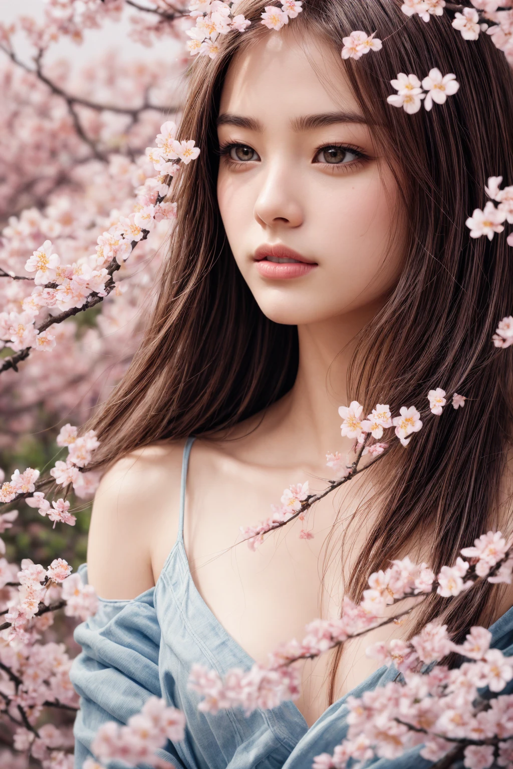 masterpiece, highest quality, High resolution, wallpaper, realistic, (bright lighting:1.4), professional lighting, face light, smooth lighting, japanese girl, full body, cute, open mouth to say something, shy, (A big bouquet of colorful beautiful flowers:1.5), held in front of her chest, so big that it covers her entire body, Beautiful girl, gravure, sexy, super beautiful, beautiful skin, beautiful and detailed eyes、detailed face、slim、moderately, Medium Hair, brunette colored hair, brown eyes, (looking away:1.4), Summer Dresses, The morning sunlight shines through the misty forest path.
