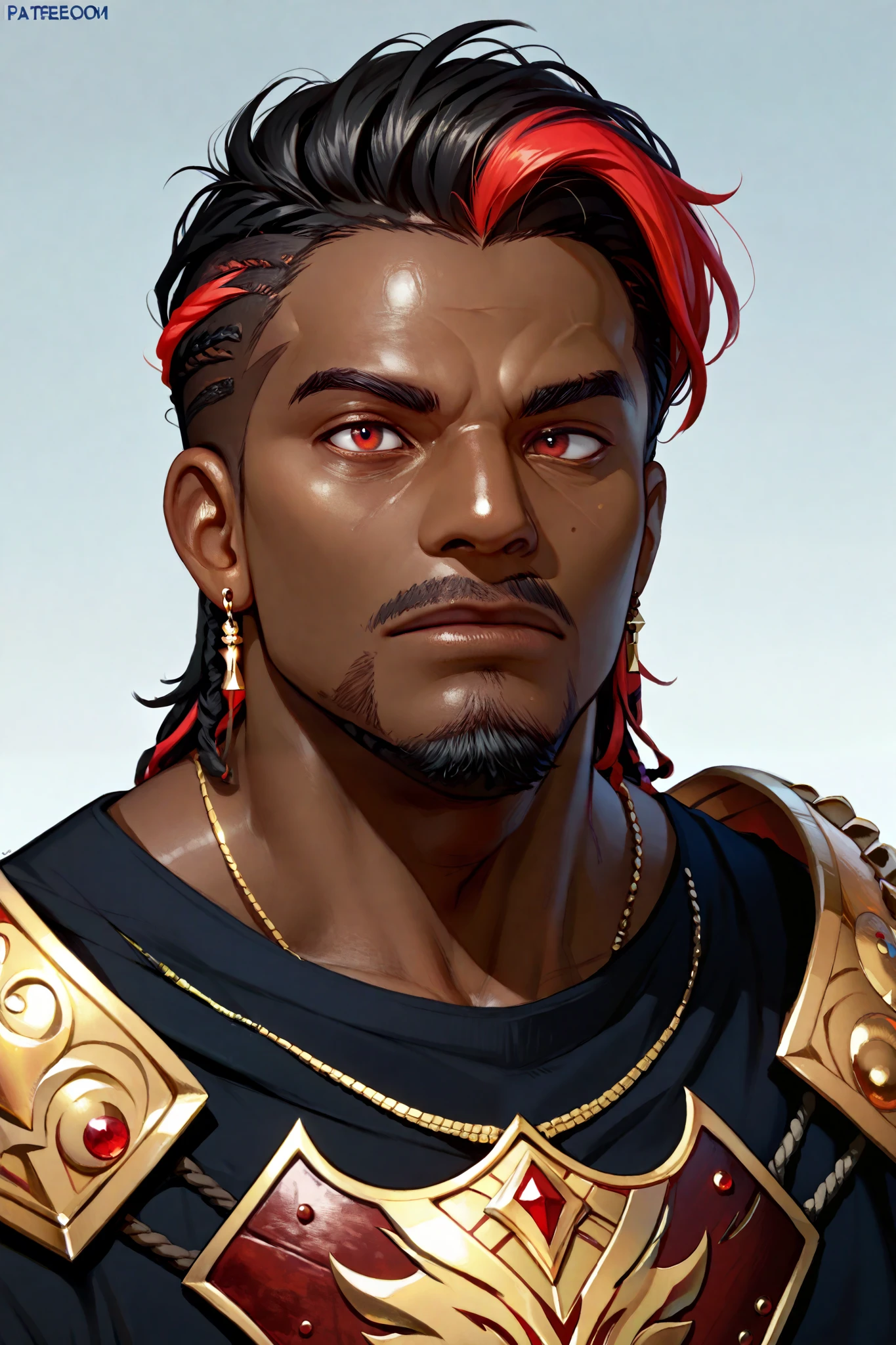 Create a dark-skinned African black man, With short black dread hair with red highlights, with goatee, with blood red eyes , bronze armor with gold and diamond details black stones in, a setting of Battle