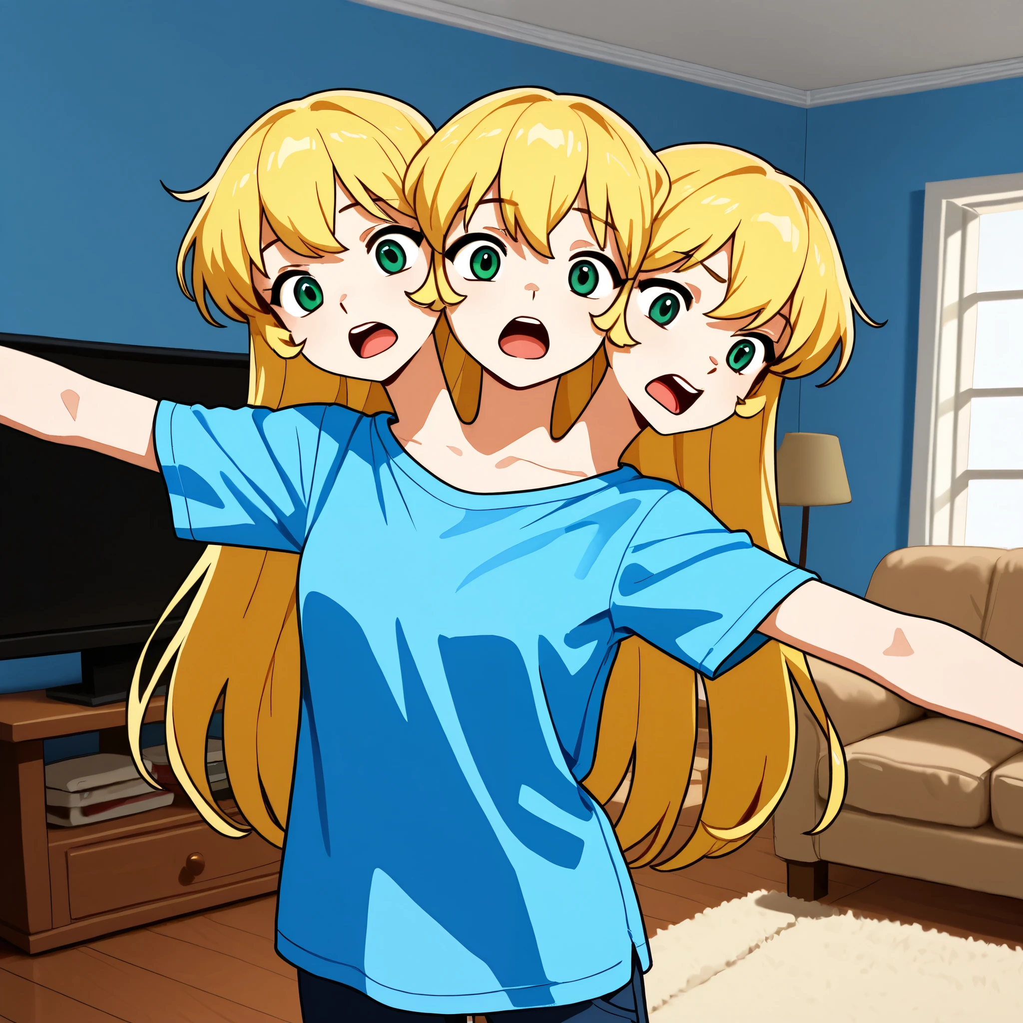 anime girl with three heads, conjoined, long blond hair, green eyes, open mouth, wary, panicky, wobbly, uncoordinated, arms spread out, standing unsteady, blue t-shirt, living room