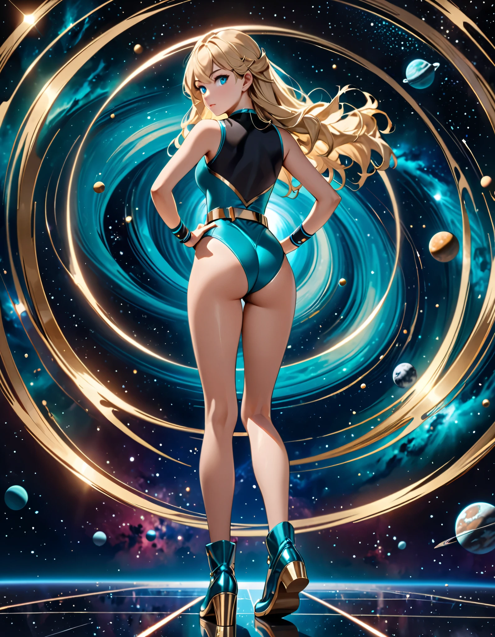 masterpiece, highest quality, High resolution, One girl, alone, Superhero, leotard, barefoot, boots, matching boots, aura, blue aura, No sleeve, gloves, bracelet, matching gloves, View Viewer, Particles of light, Space Background, Perfect hands, Perfect Eyes, Power ups, perfect leotard, Perfect Legs, Perfect Arms, Perfect Fingers, blue and white leotard, Blonde Hair, blue eyes, Medium chest, Long Hair, spinning, tornado spin, Whirlwind Spin, Wind particles, Vortex of Light, tornado, Hurricane Rotation, time travel, tornado winds, Cyclone Spin, Are standing,