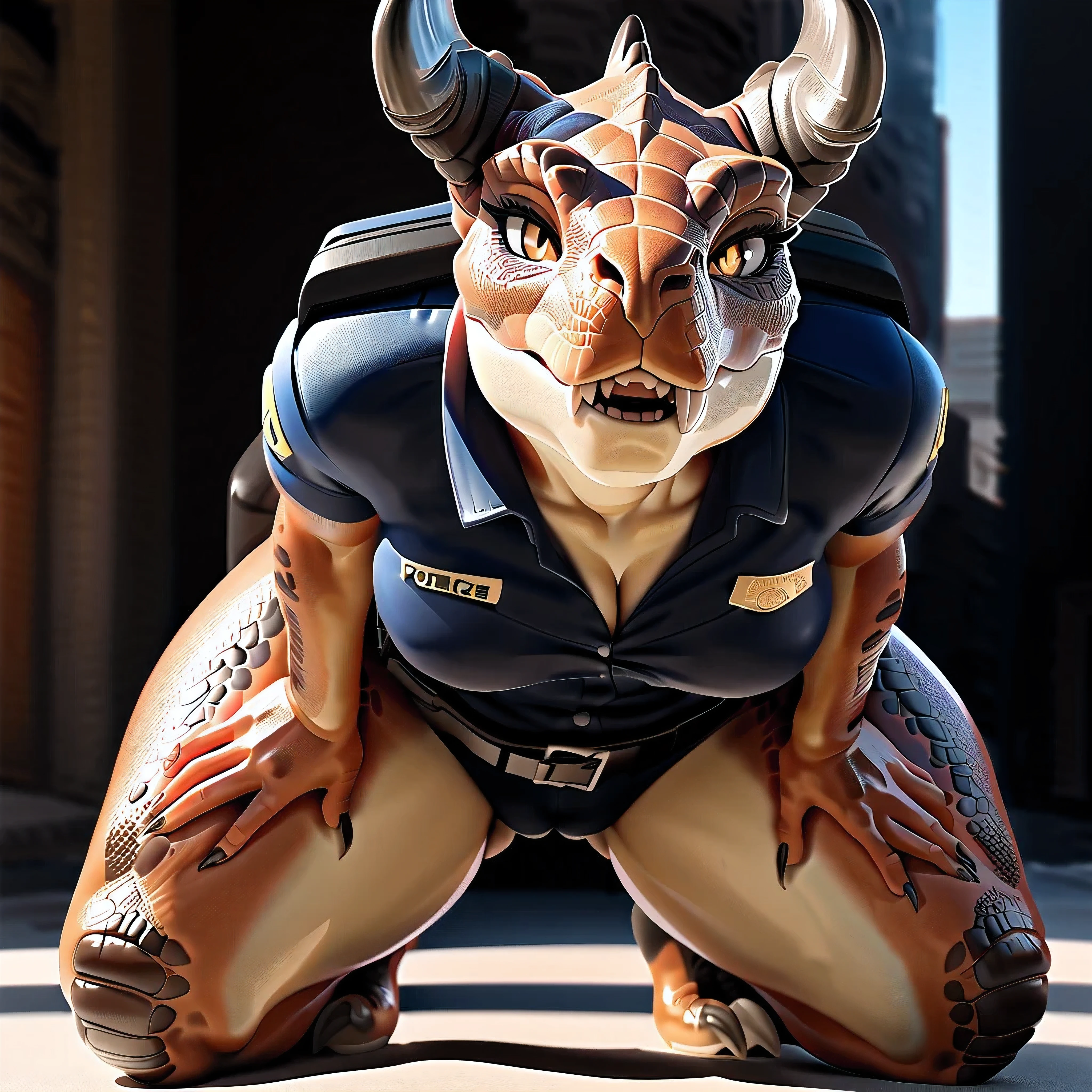 (small details:1.7) (scaley anthro:1.3, snout:1.2, anthro:1.3, scaley:1.2, solo female:1.2, female deathclaw: 1.0),
(ultra fine detail:1.1)
(masterpiece:1.1)
(thick thighs:1.2)
(Best Quality:1.1)
(ultra-high detailing:1.1)
((hyper details:1.1))
(((super detailed breasts, face, eyes, waist:1.1)))
(detailed face)
(as much detail as possible)
(perfect anatomy)
(ultra-fine detail, no mistakes)
cinematic lighting
detailed eyes/face
amazing lighting
((super realistic lighting:1.4))
((lighting design))
((detailed shadows))
(((as much detail as possible on one girl:1.5)))
((good prospective:1.2))
((character focused:1.4))
(good stance)
(((super expressive eyes and face)))
(one million dollar commission)((clear image:1.3))
(unreal engine)
(tail)
((Cameltoe))
(((Hours of work to make this amazing image)))
((medium breasts:1.0))
((succulent perky breasts))
earrings
smooth shiny scales
big curves
((articulating face))
(detailed eyes:1.3)
((young))
((curvy waist:1.2)
((natural cuteness))
((perfect fit))
(((innocent face)))
((Police uniform, tactical gear, tight fit, lowerlip bite, )),
(good angle)
((dramatic lighting))
(((20)))
((big butt:1.2))
((in a city))
((clueless)
((sleek))
close up
((mid breasts:1.0))
(kind)
(nice)
(considerate)
high resolution
(shy)
huge hips
((tan color deathclaw girl)),
((cute)), (( tan scales/skin)), cream colour underbelly, ((succulent soft smooth velvety underbelly)), ((scale design)),