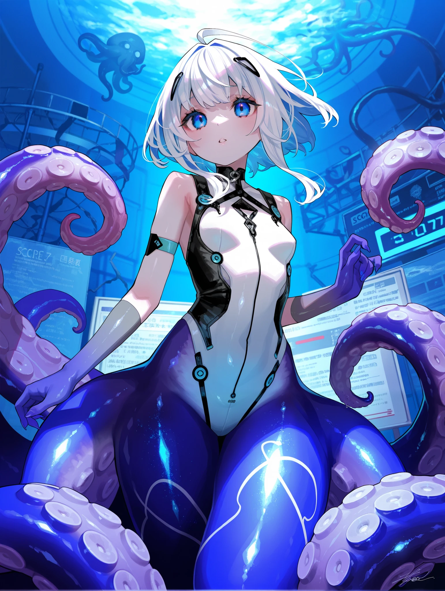 Naheedah（Genshin Impact）(height１５９Cm、B９０Cm、in７０Cm、h９０Cm)、（Young Girl,Girl,Lori）,Gray Hair,light green tips of hair,short hair,right side ponytail,light green hair tips,Pointed Ears,Green Eyes,Young face、Small breasts、high resolution,high quality,High resolution,（Anime Style）,Beautiful images,Clear images,（Cute Girls）,（1 girl）,whole body（頭の先から足の先まin）、Transformation Heroine（White wetsuit-type reinforced skin）,（Ultra Girl）,（胸元in光るHeart-shaped brooch）,Heart-shaped brooch,（胸元のHeart-shaped broochに触手が侵入する）,（The energy core inside the body is violated by tentacles）Attacked by tentacles,Being held captive by tentacles,（Heart-shaped broochから光の粒子が漏れ出ている,Heart-shaped broochから光の液体が流れ出している）,（Tentacles are sucking on the crotch）,（Love juice is flowing from between her legs）,（Heart-shaped broochが赤く点滅している）,Have a naughty face,It feels good and I&#39;m in agony,エッチな意味in下品,Ecstasy,Profanity, steam（mist）,Wet,Sweat,Climax,Eyes closed,Watery eye,Mouth open,
