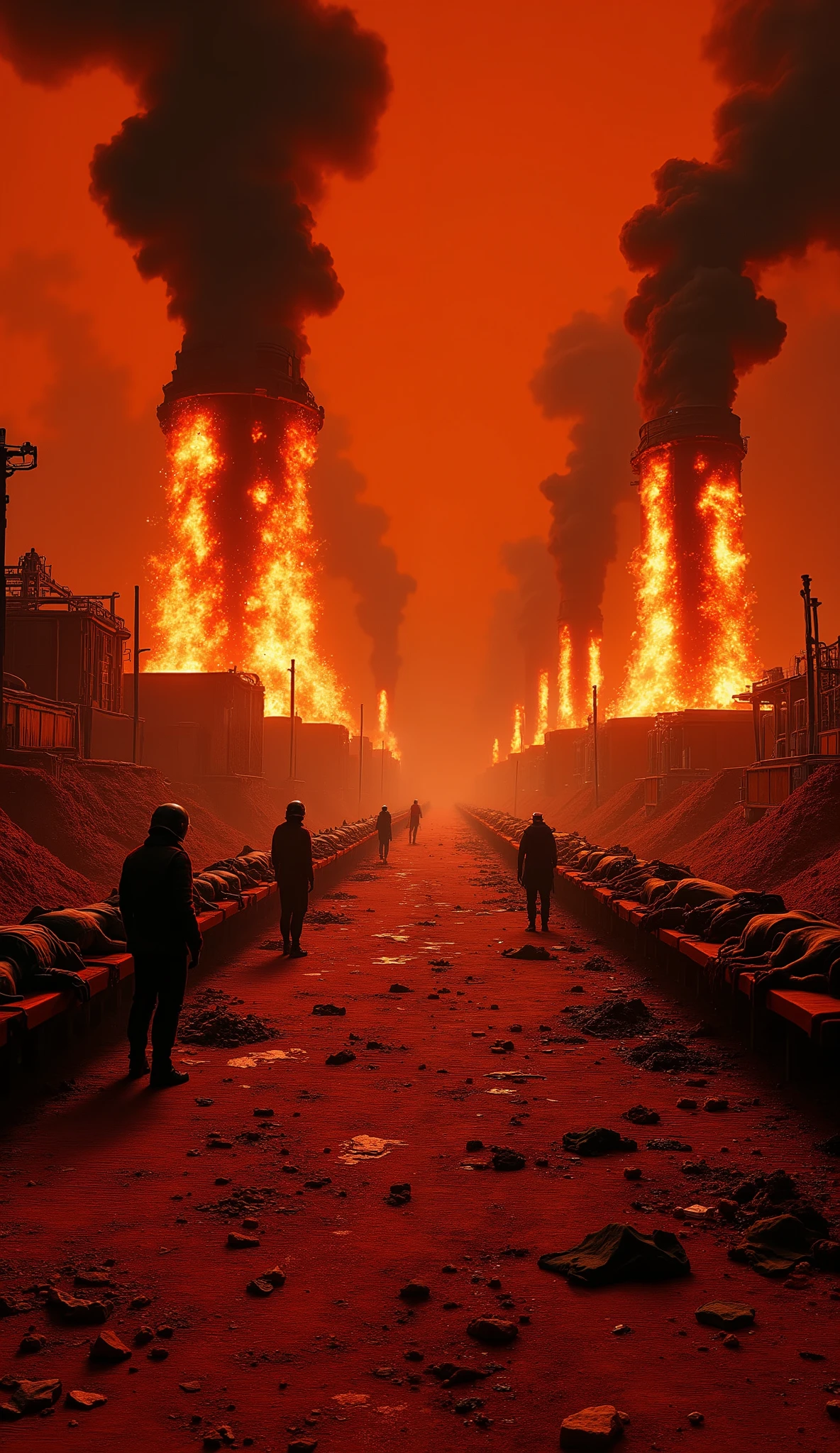 A dystopian Martian facility with towering furnaces emitting plumes of black smoke into a crimson sky. Rows of lifeless, emaciated bodies lie on conveyor belts leading into the incinerators, illuminated by the flickering orange glow of flames. The environment is sterile yet oppressive, with robotic arms sorting through remains and guards in dark exosuits standing watch, their faces obscured by reflective helmets. The ground is covered in red dust, with scattered remnants of personal belongings adding a hauntingly human element to the scene