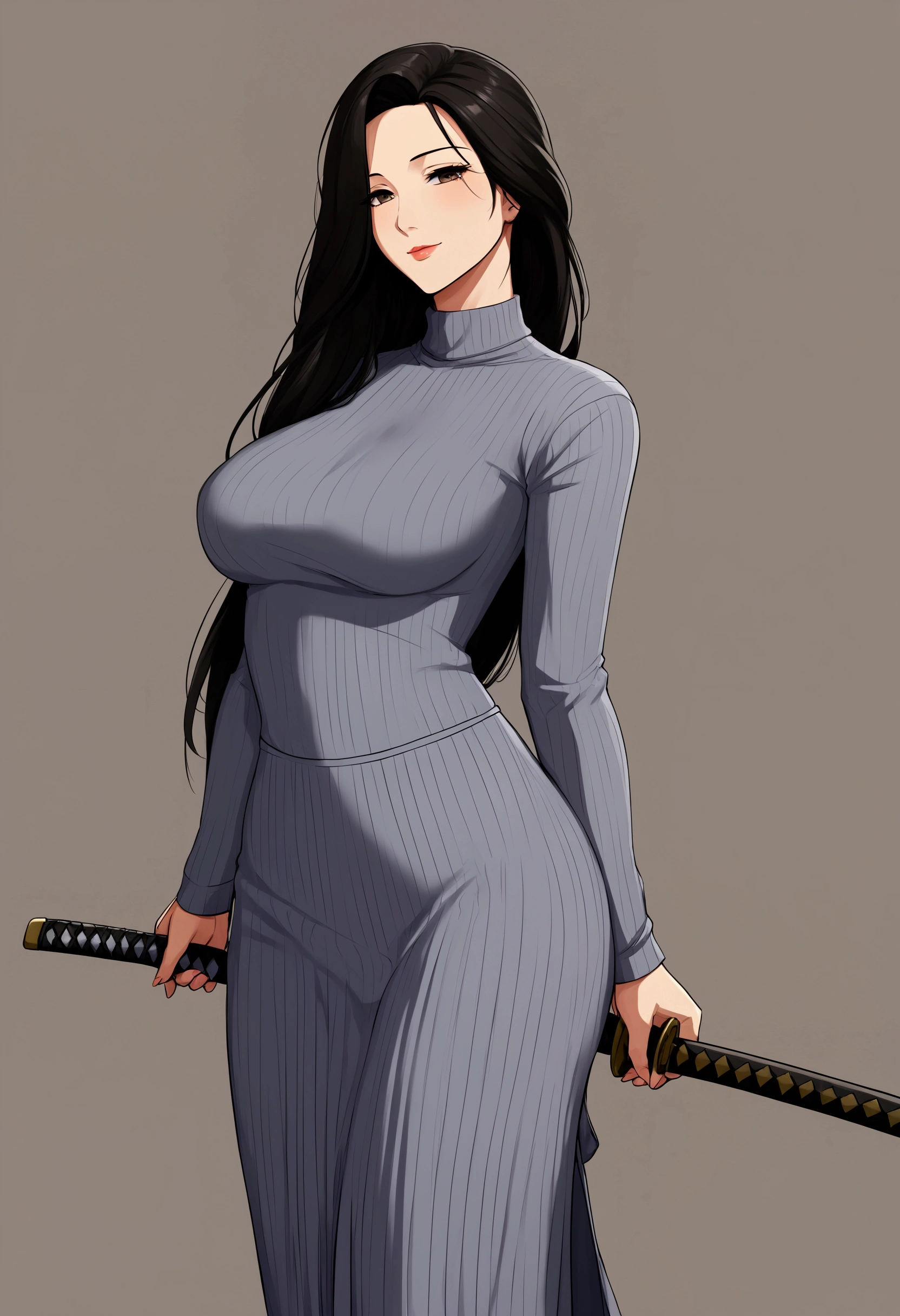 mother, milf, mature female, perfect face, perfect lighting,Black Hair、Straight Hair、Long hair tied in a low position、sexy female, High neck long sleeve ribbed knit T-shirt(loose)、Long maxi skirt, Sexy, holding katana,