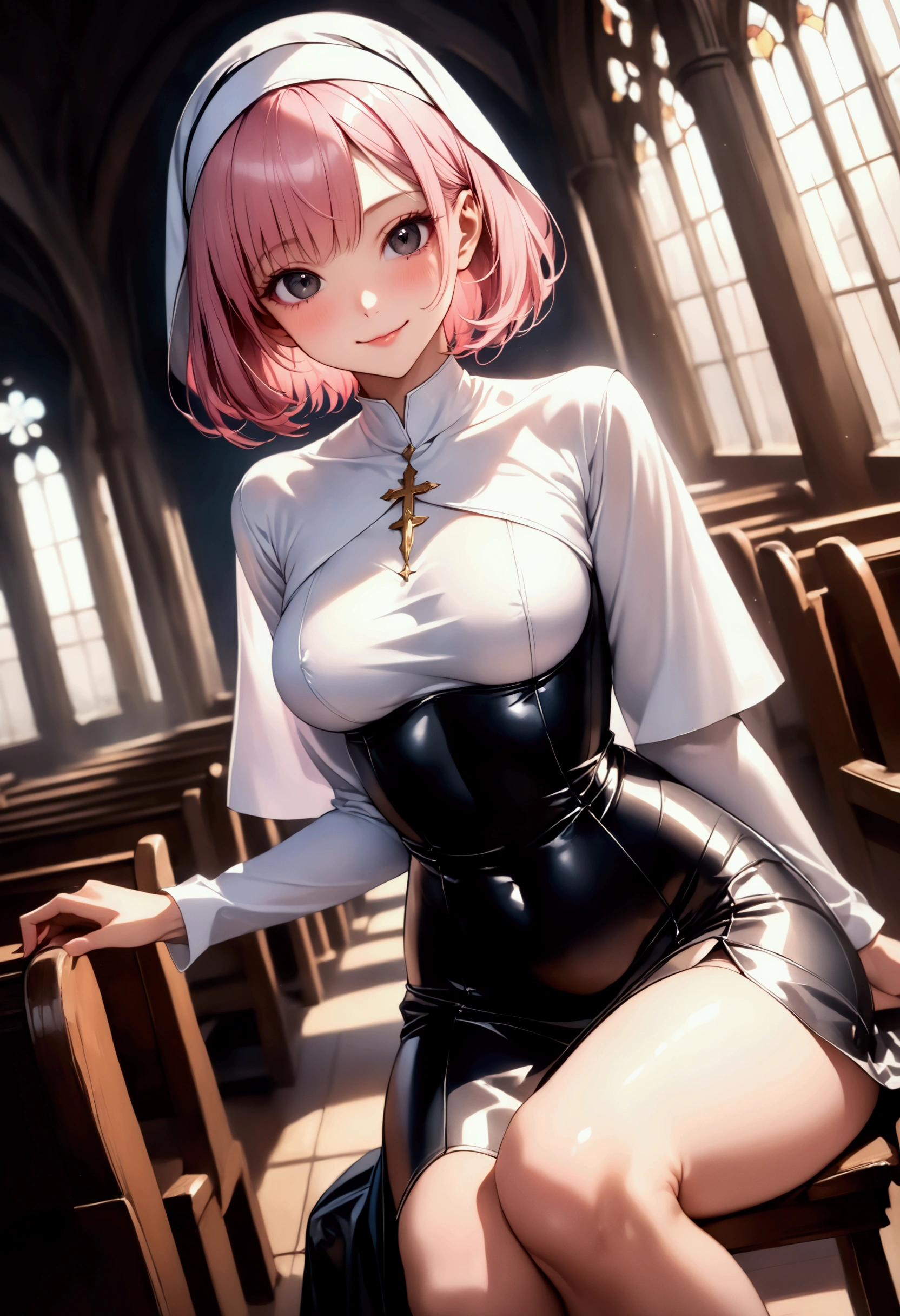 (Satori toho character:1.1), (solo), (standing), (stained glass), BREAK, short hair, (huge perky breasts), bursting breasts, (inconceivably thin waist:1.2), (very long legs), BREAK, (black blazer:1.3), (black thighhighs:1.3), (very short black high-waist skirt:1.3) cinches waist too tight, (highheels), BREAK, nose blush, sad smile, BREAK, masterpiece, ultra-detailed, full body