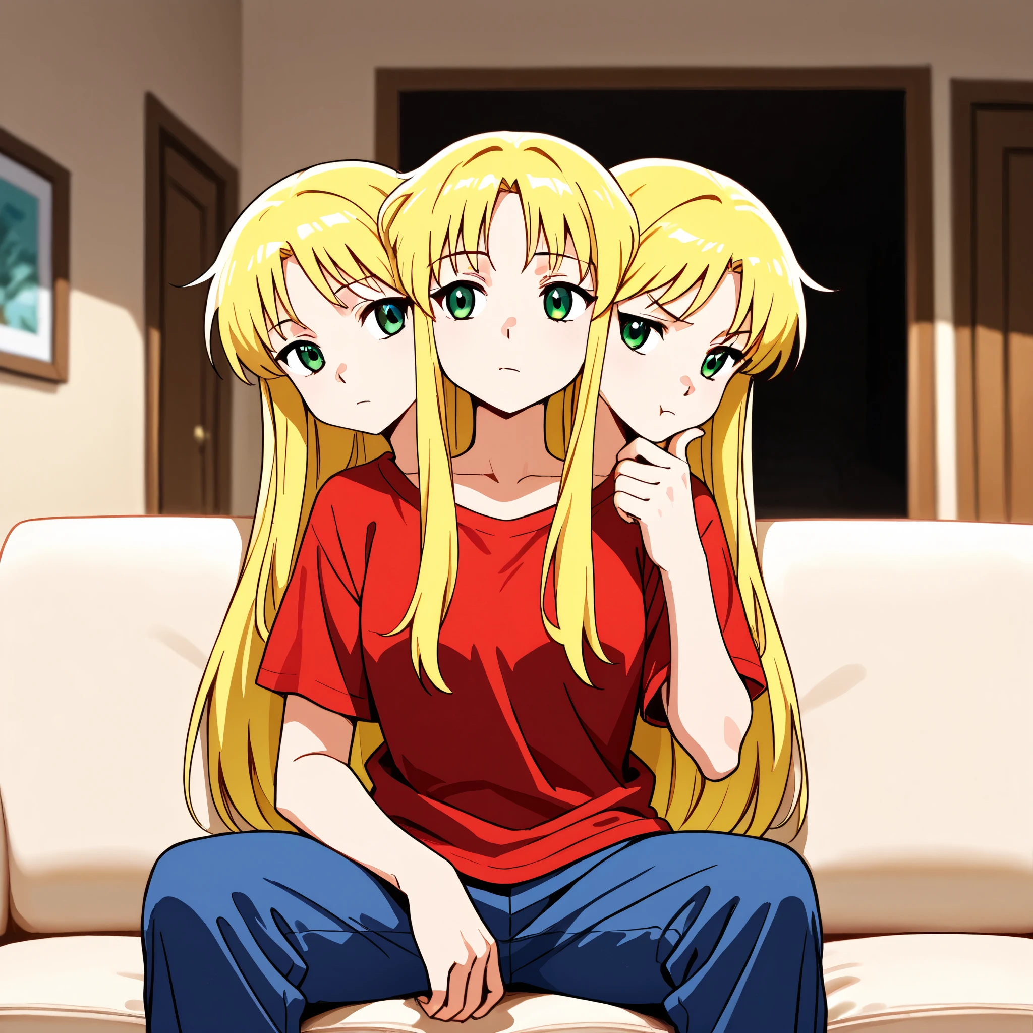 anime girl with three heads, conjoined, long blond hair, green eyes, red t-shirt, blue pants, contemplative, pinching chin with one hand, living room, sitting on a couch