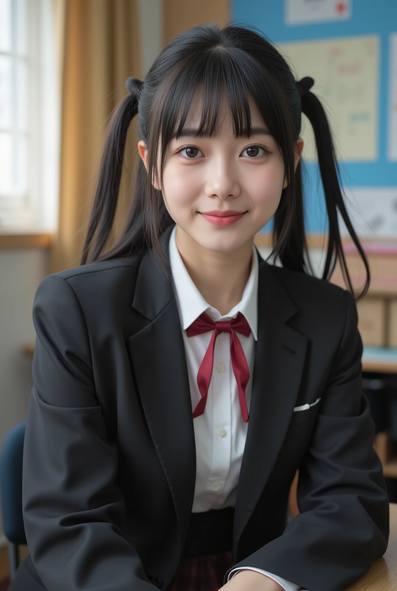 ( best quality,8K quality,masterpiece:1.3),( super A high resolution, photorealistic:1.4, Original photo),( super detailed , caustics, detailed background),( Ultra Realistic Capture , beautiful detailed skin, perfect human body),classroom,18 years old, is cute , black hair , twin tail hair , School Blazer Uniform,Looking at the camera,smile, bust up shot, natural soft light